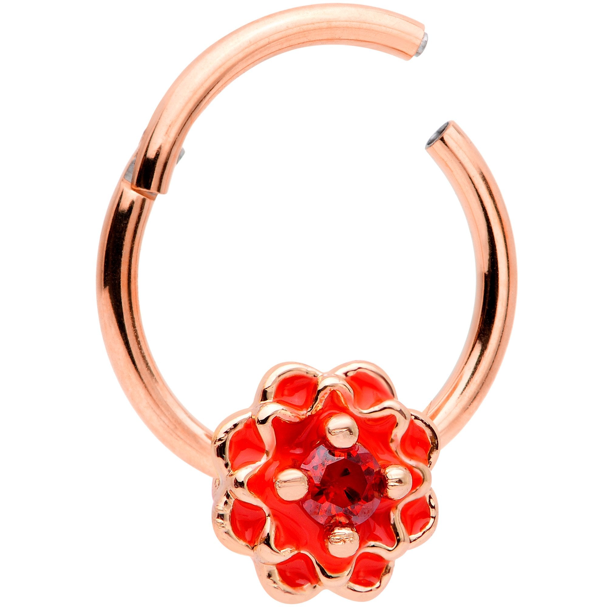 16G 3/8 Red Gem Rose Gold Tone Red Flower Septum Hinged Segment Ring