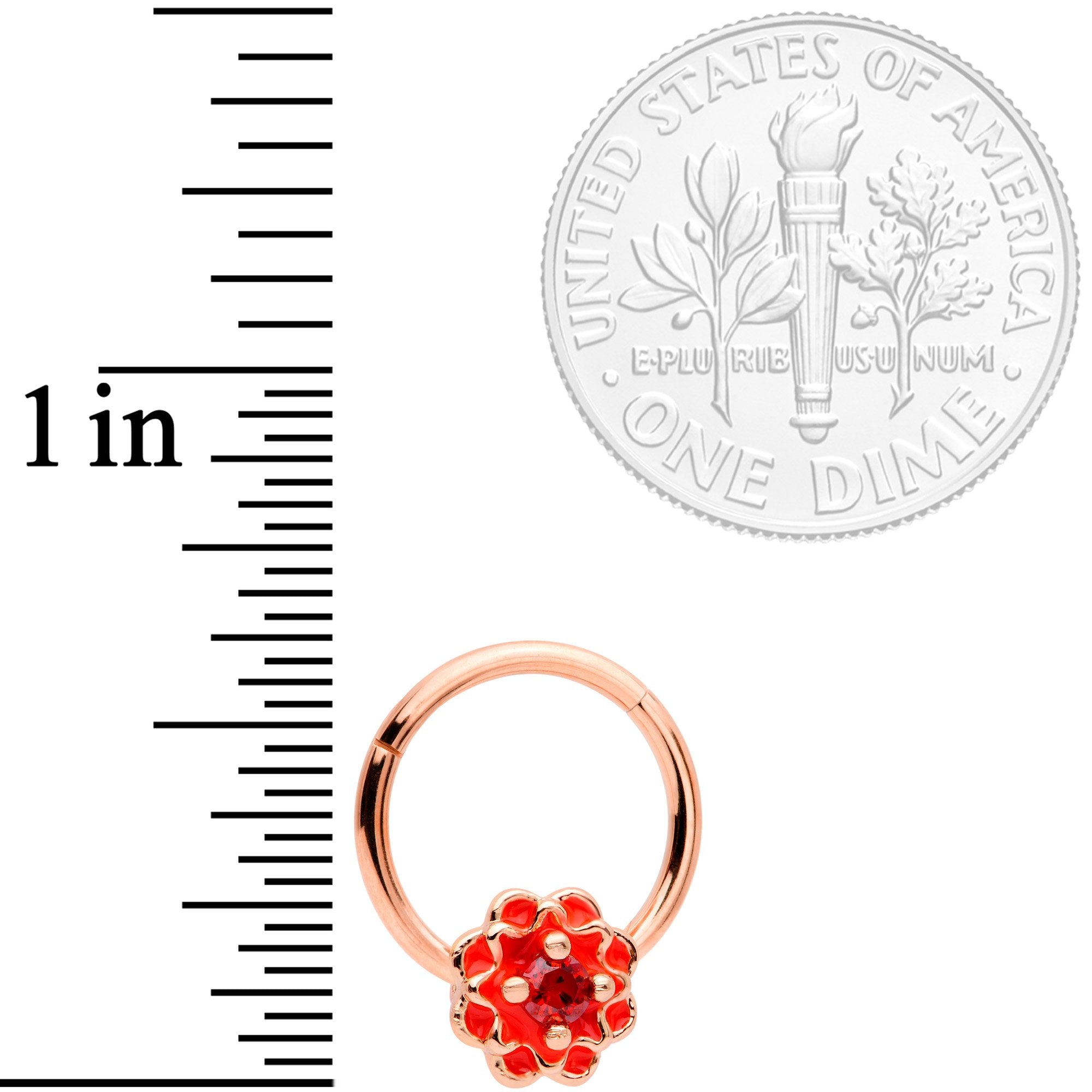16 Gauge 3/8 Red Gem Rose Gold Tone Red Flower Septum Hinged Segment Ring