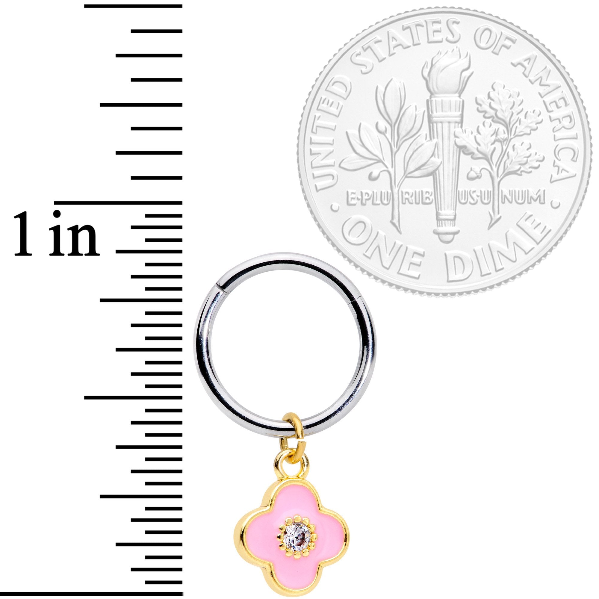 16 Gauge 3/8 Clear CZ Pink Flower Dangle Hinged Segment Ring