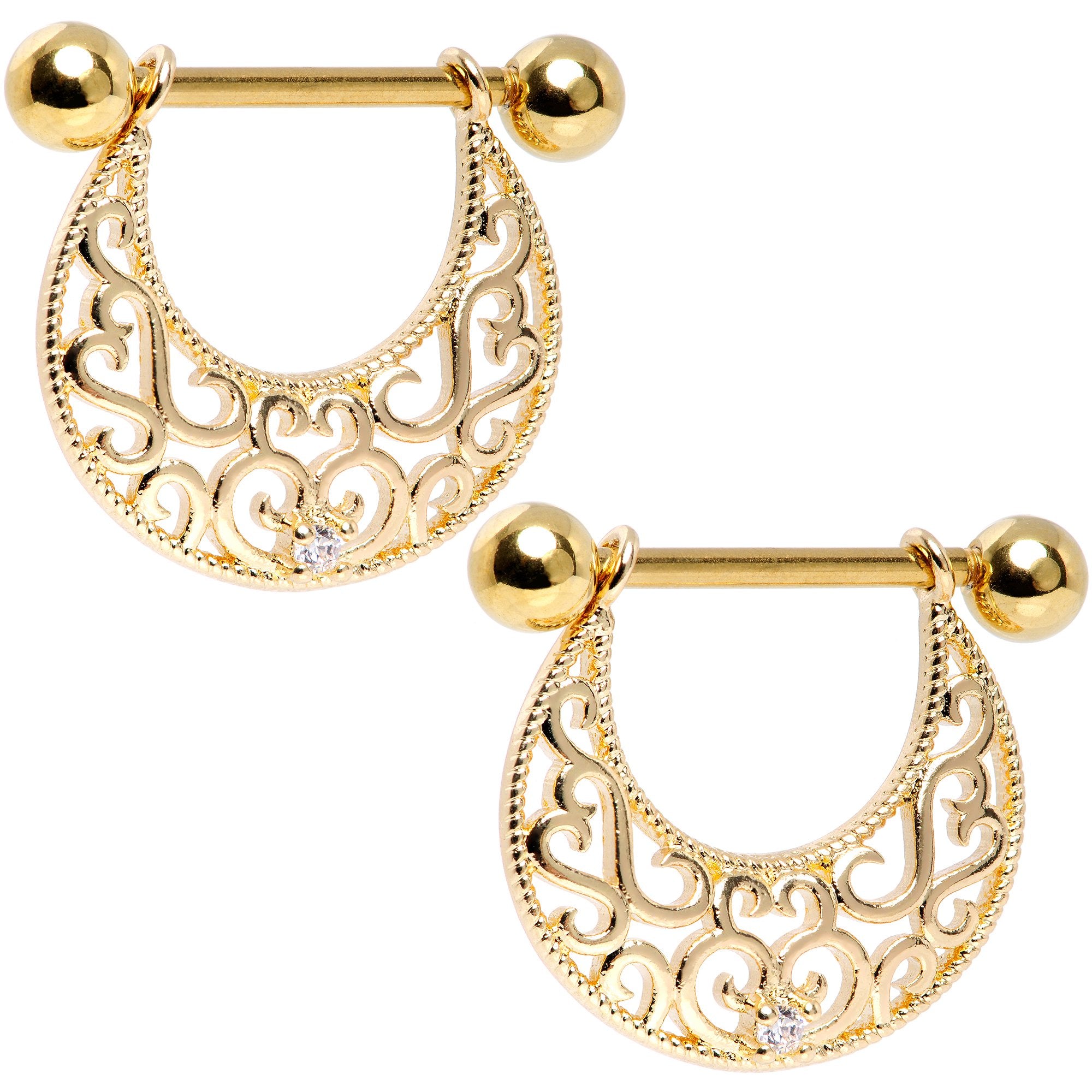 14G 9/16 Clear CZ Gem Gold Tone Abstract Heart Nipple Shield Set