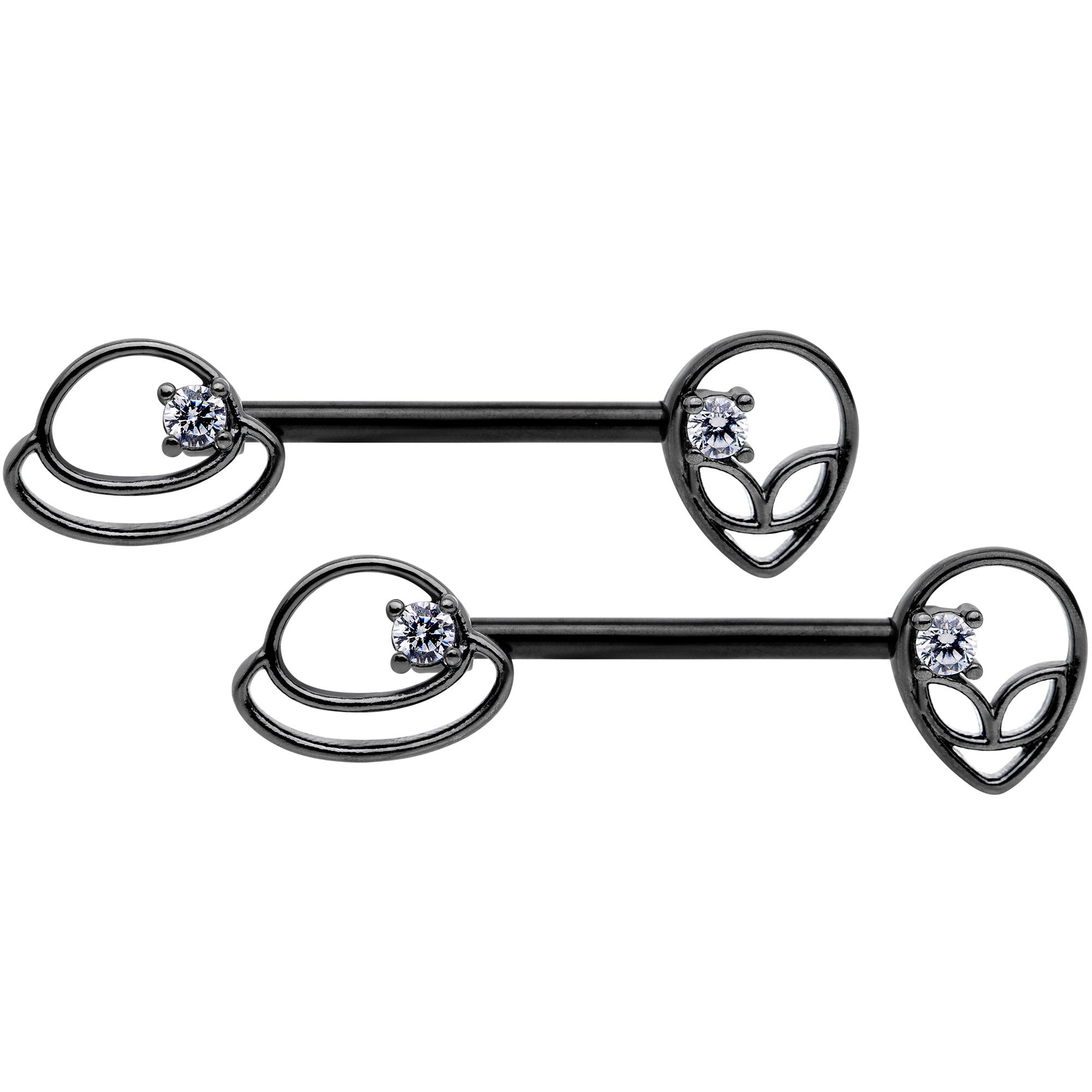 14G 9/16 Clear CZ Gem Black Saturn Alien Barbell Nipple Ring Set