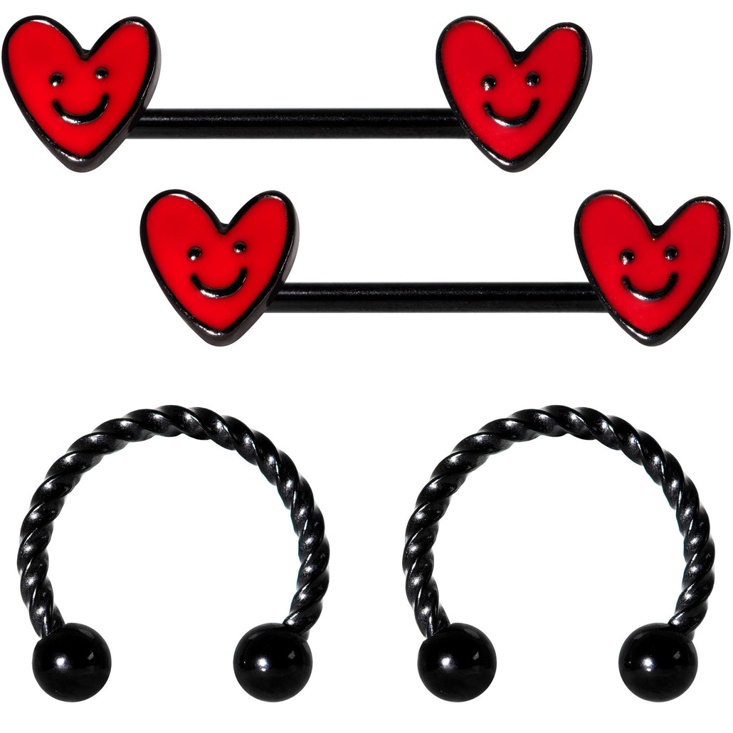 14 Gauge 11/16 1/2 Black Red Heart Horseshoe Barbell Nipple Ring Set