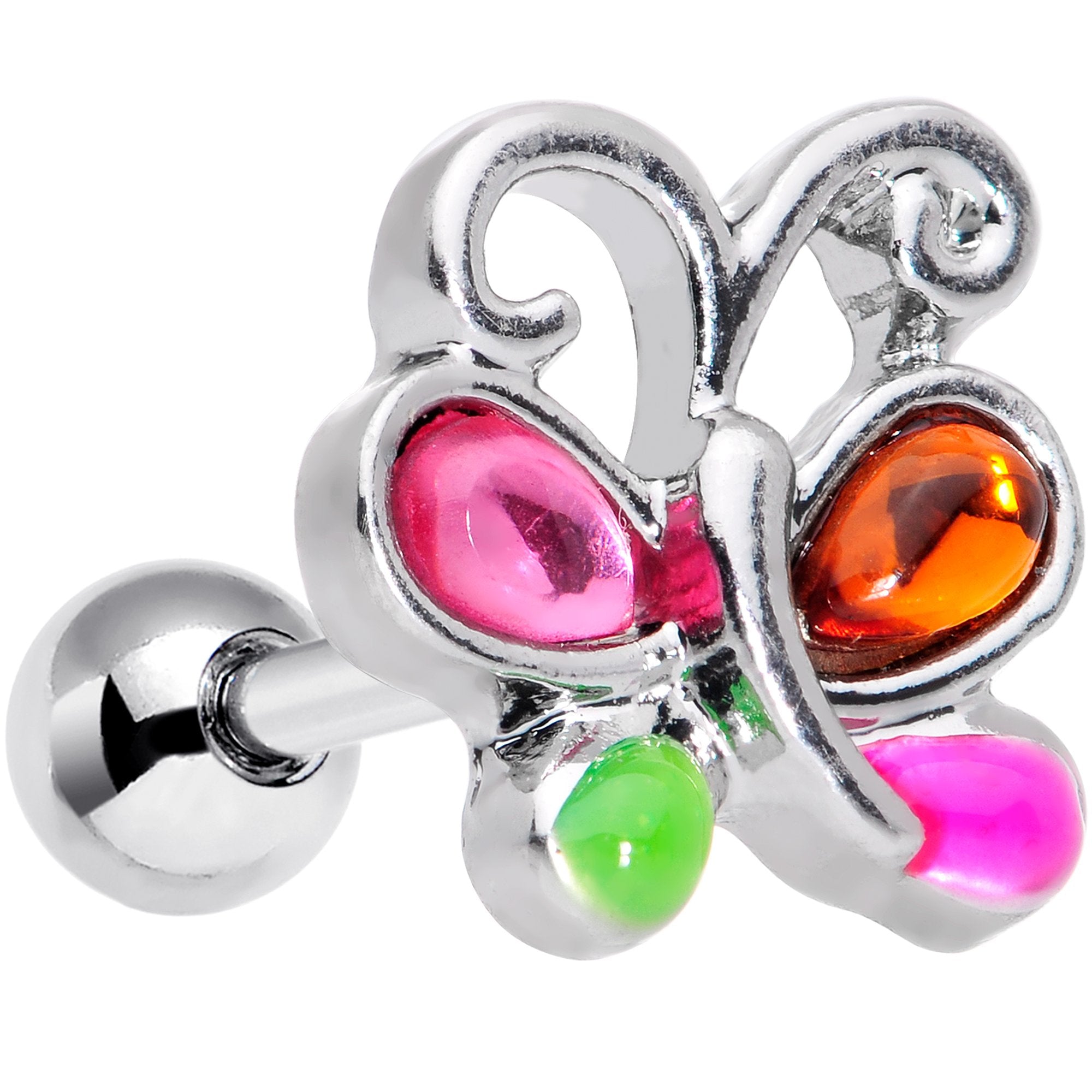 16G 1/4 Pink Orange Gem Butterfly Cartilage Tragus Earring