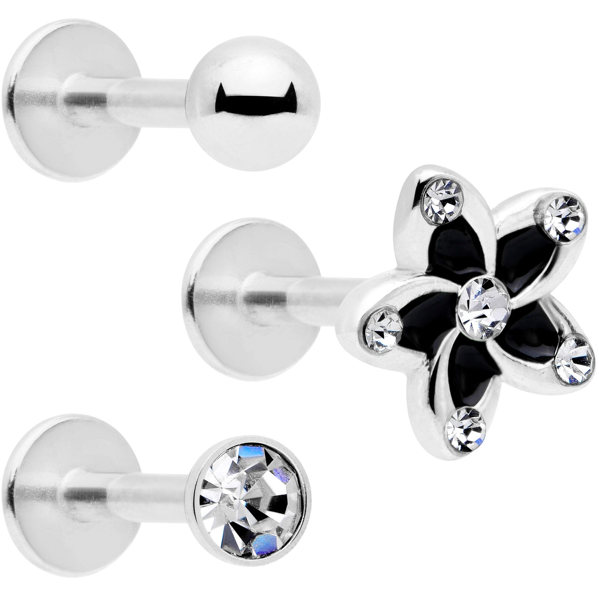 16G 5/16 Clear Gem Black Flower Labret Set of 3