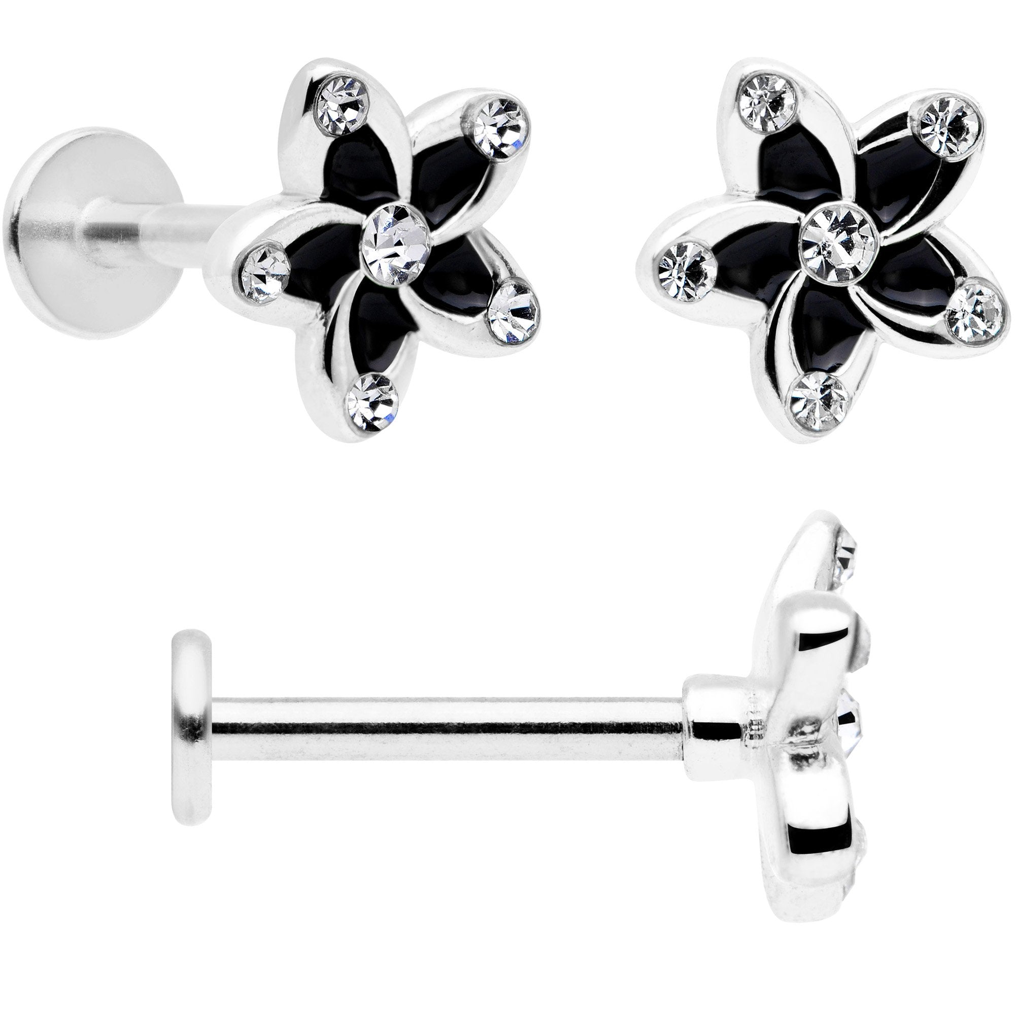 16G 5/16 Clear Gem Black Flower Labret Set of 3