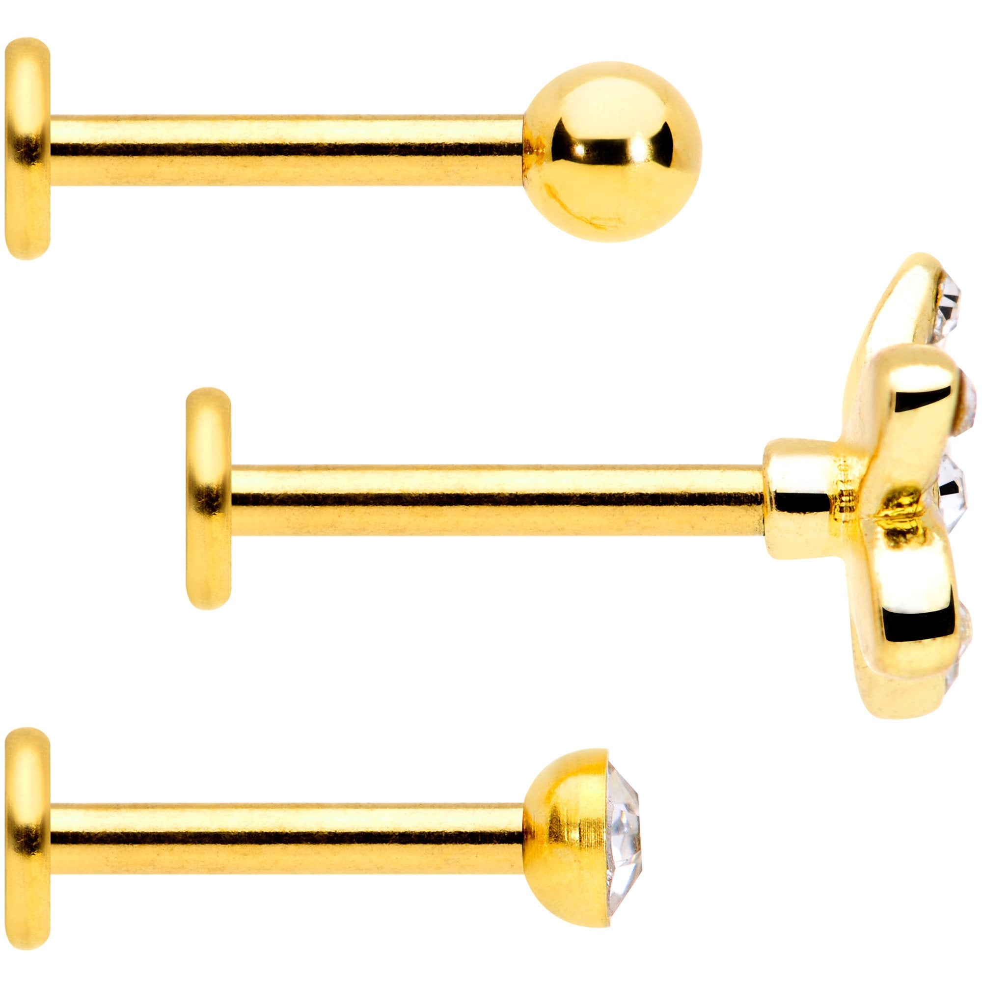 16G 5/16 Clear Gem Gold Tone Black Flower Labret Set of 3