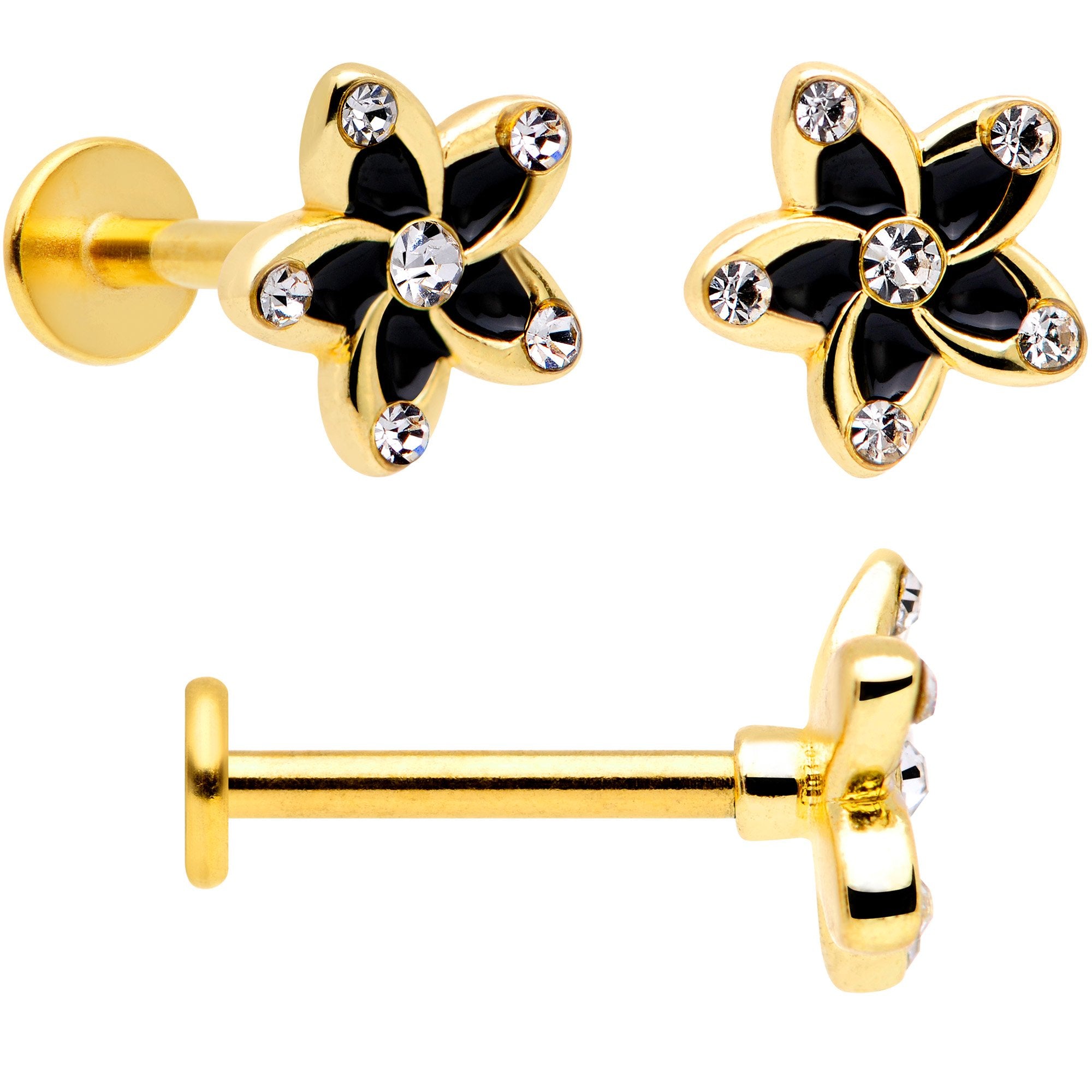 16G 5/16 Clear Gem Gold Tone Black Flower Labret Set of 3