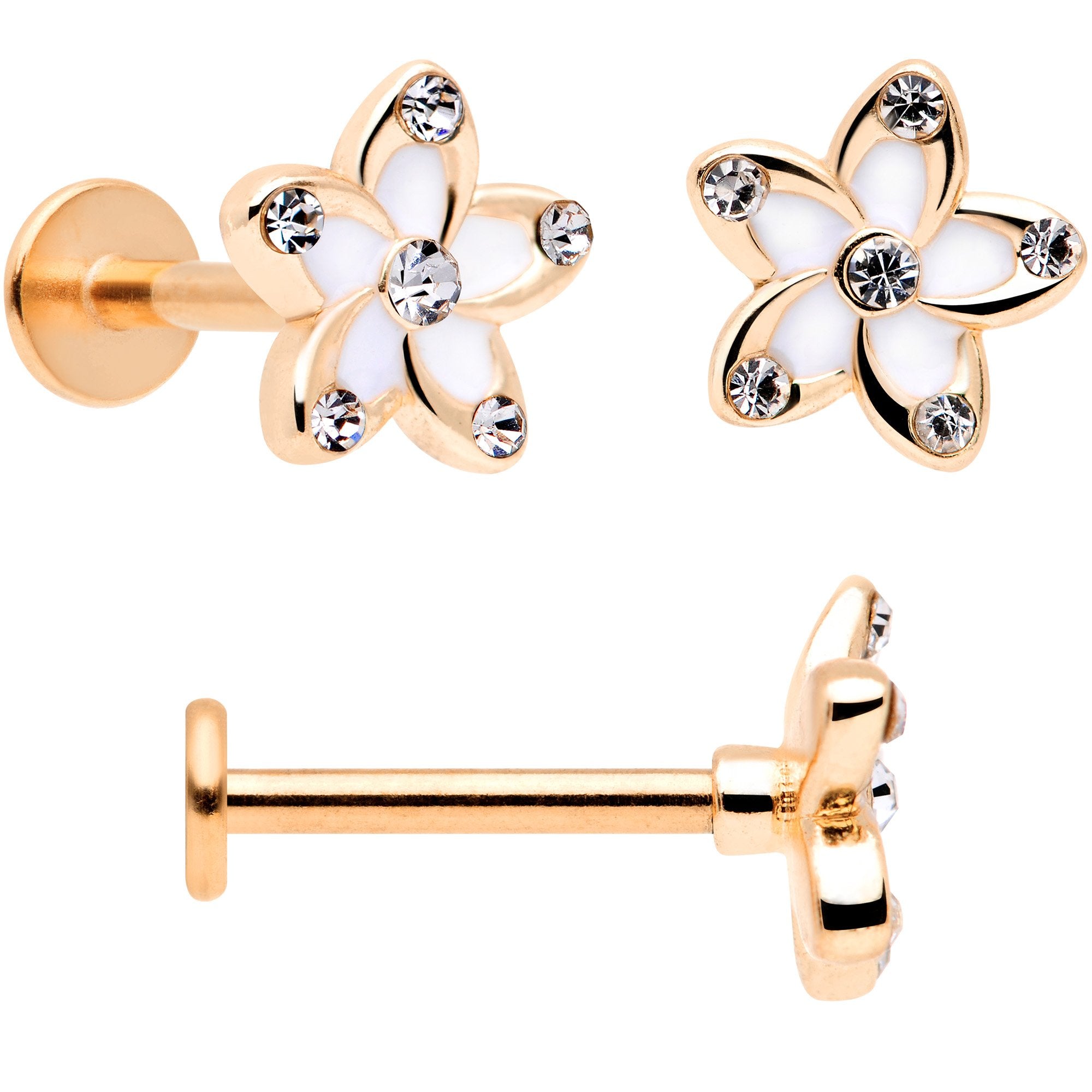 16G 5/16 Clear Gem Rose Gold Tone White Flower Labret Set of 3