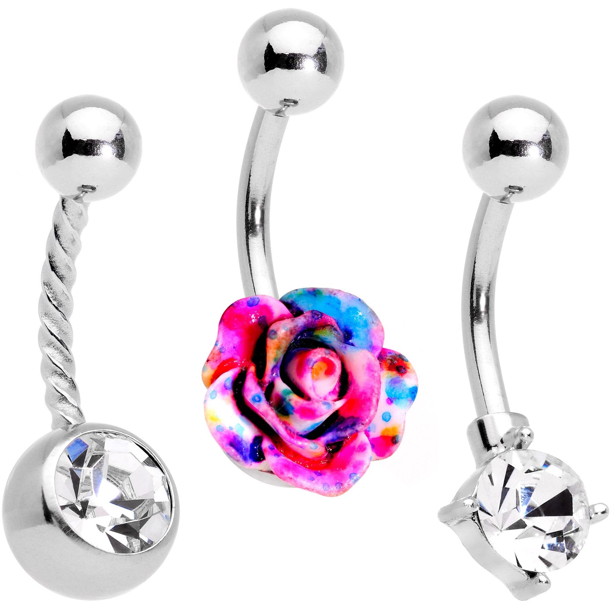 Clear Gem Multicolor Three Dimensional Flower Belly Ring Set of 3
