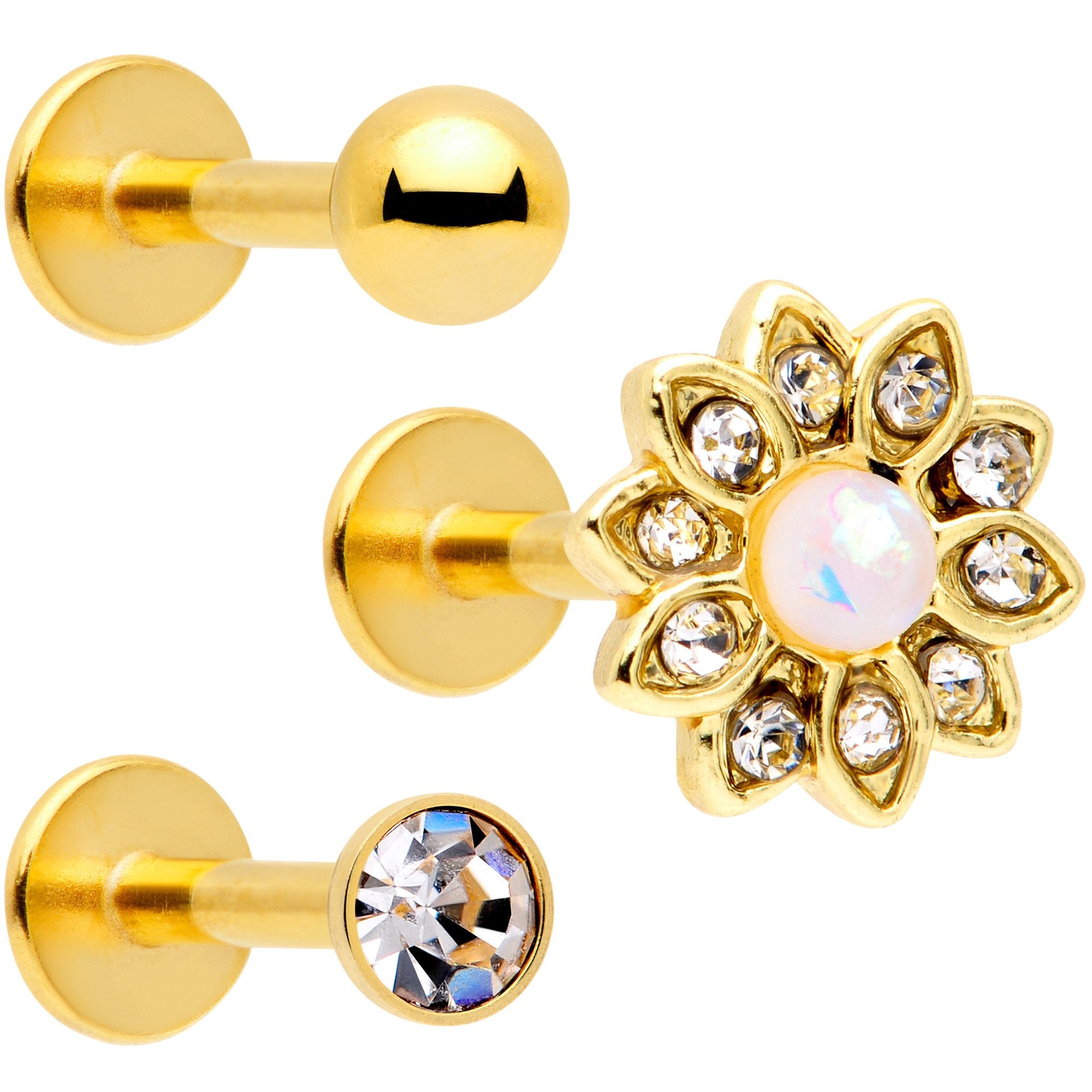 16G 5/16 White Faux Opal Gold Tone Flower Labret Curation Set of 3
