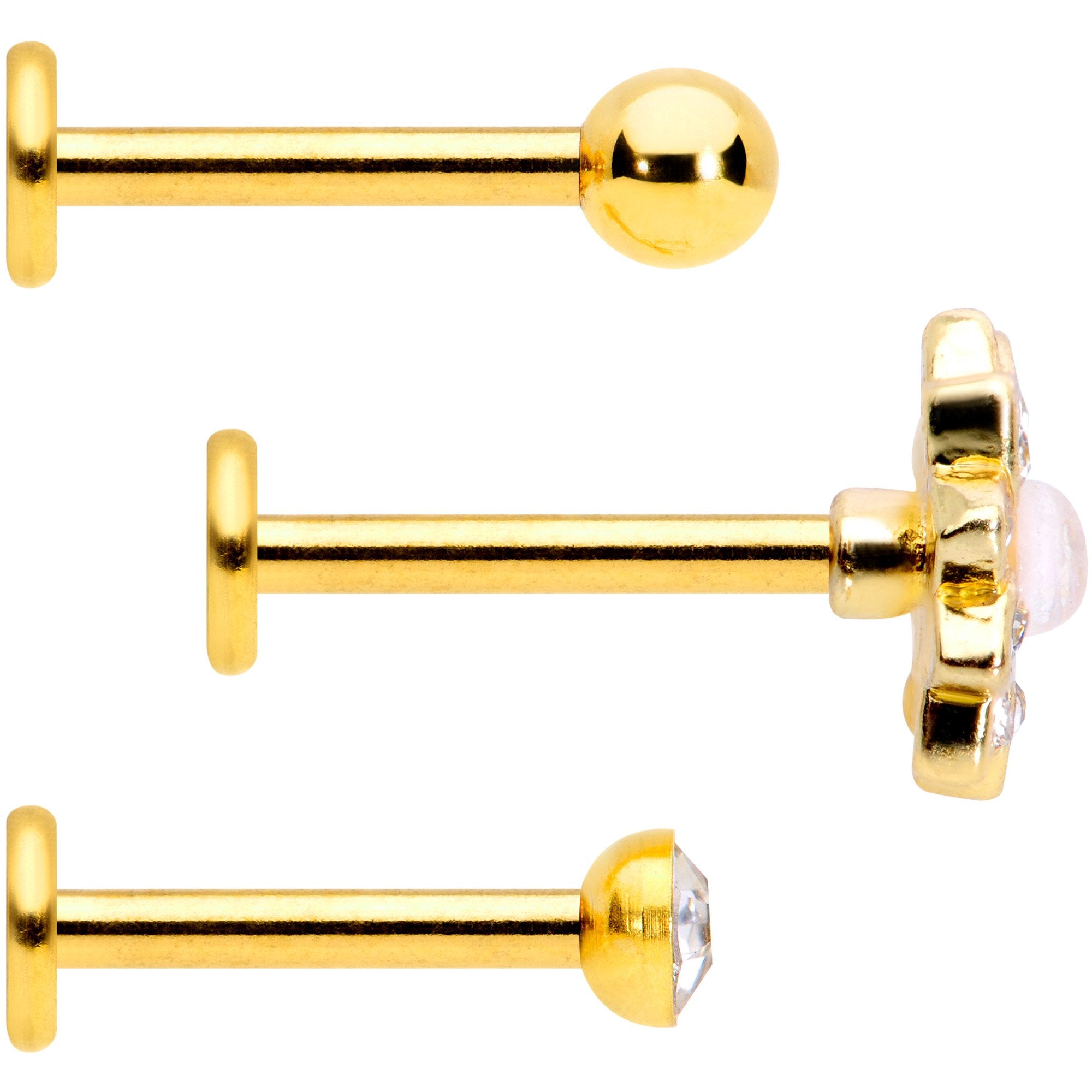 16G 5/16 White Faux Opal Gold Tone Flower Labret Curation Set of 3