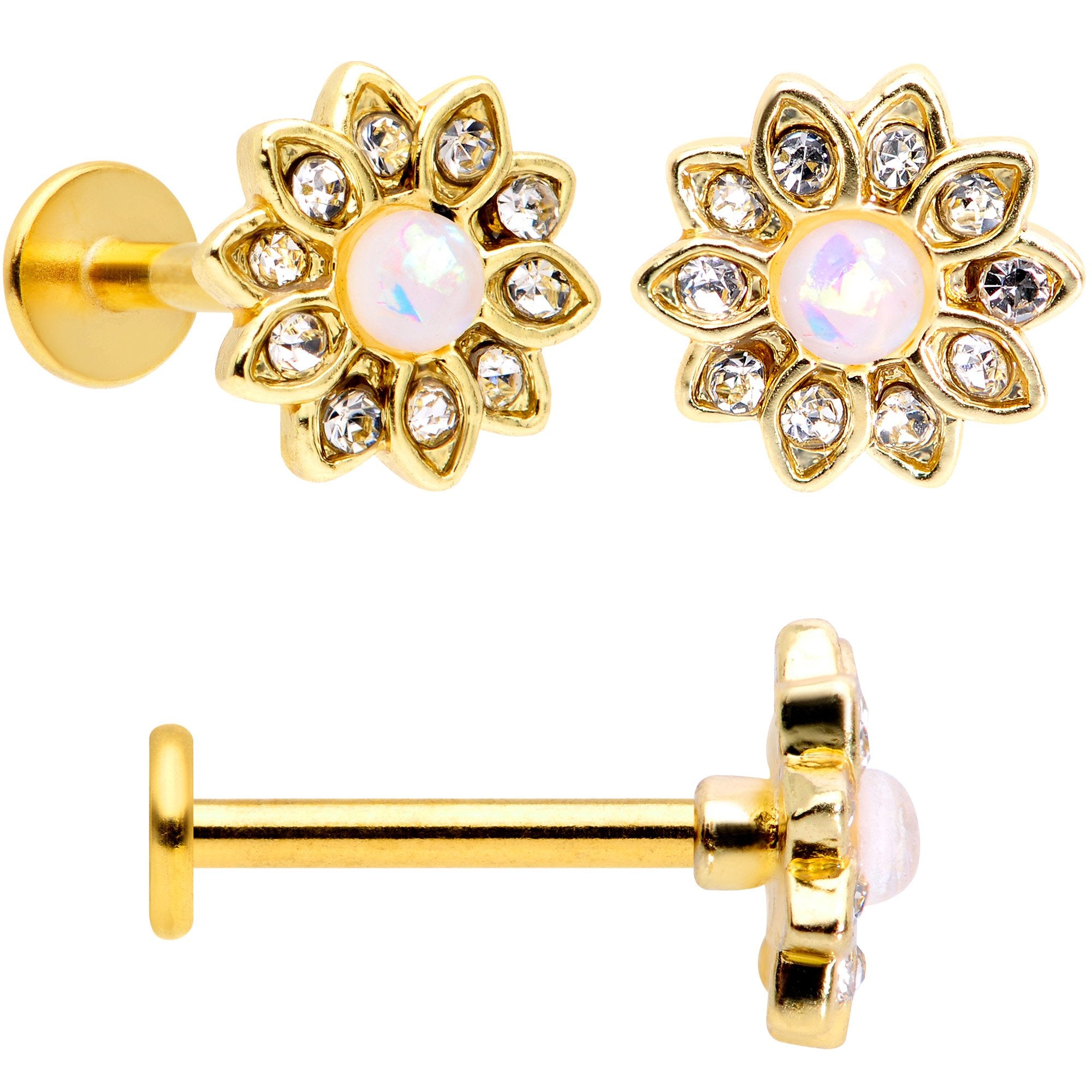 16G 5/16 White Faux Opal Gold Tone Flower Labret Curation Set of 3