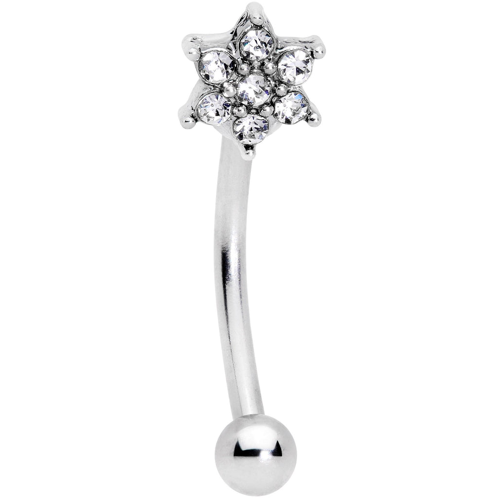 16G 3/8 Clear Gem Six Petal Flower Curved Eyebrow Ring