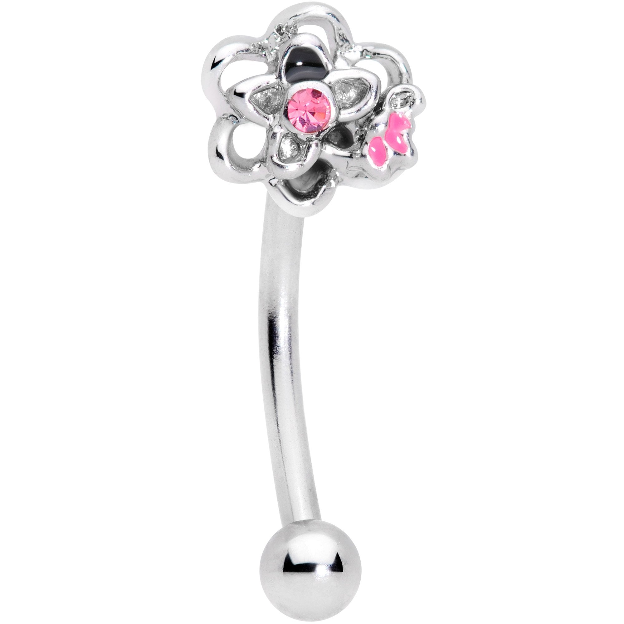 16 Gauge 3/8 Pink Gem Petite Butterfly Floral Curved Eyebrow Ring