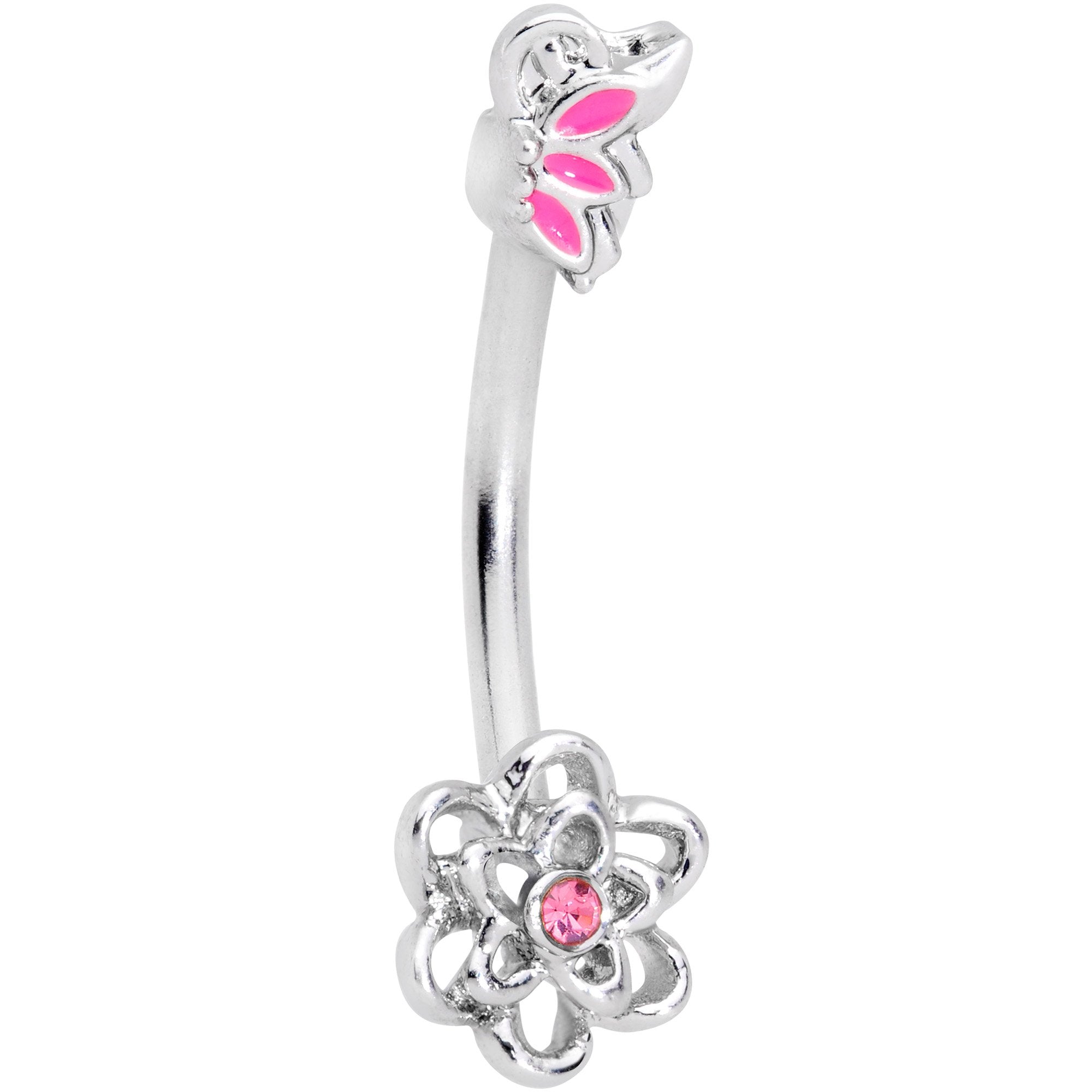 16 Gauge 3/8 Pink Gem Butterfly Loopy Flower Curved Eyebrow Ring