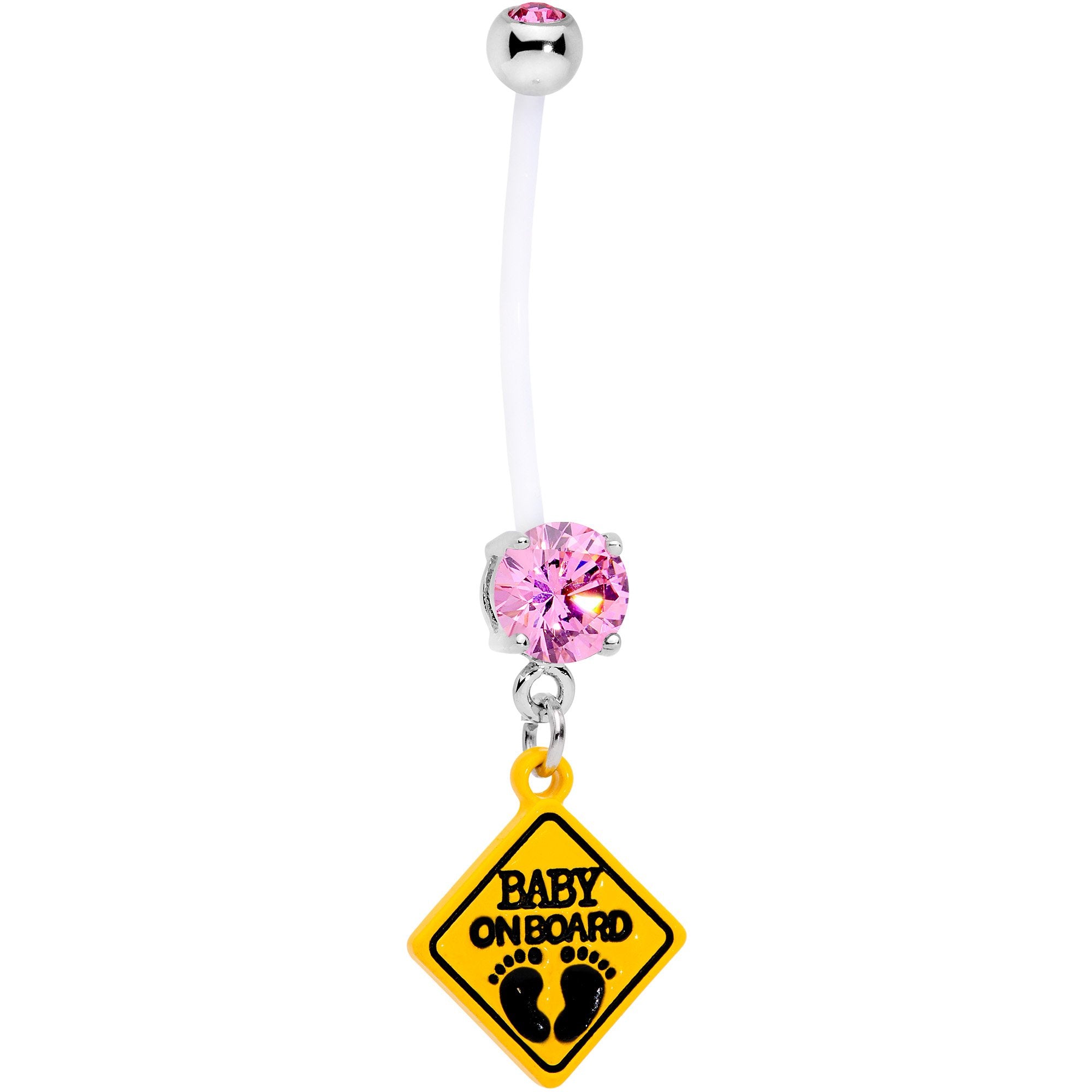 Pink CZ Gem Baby on Board Sign Dangle Pregnancy Belly Ring