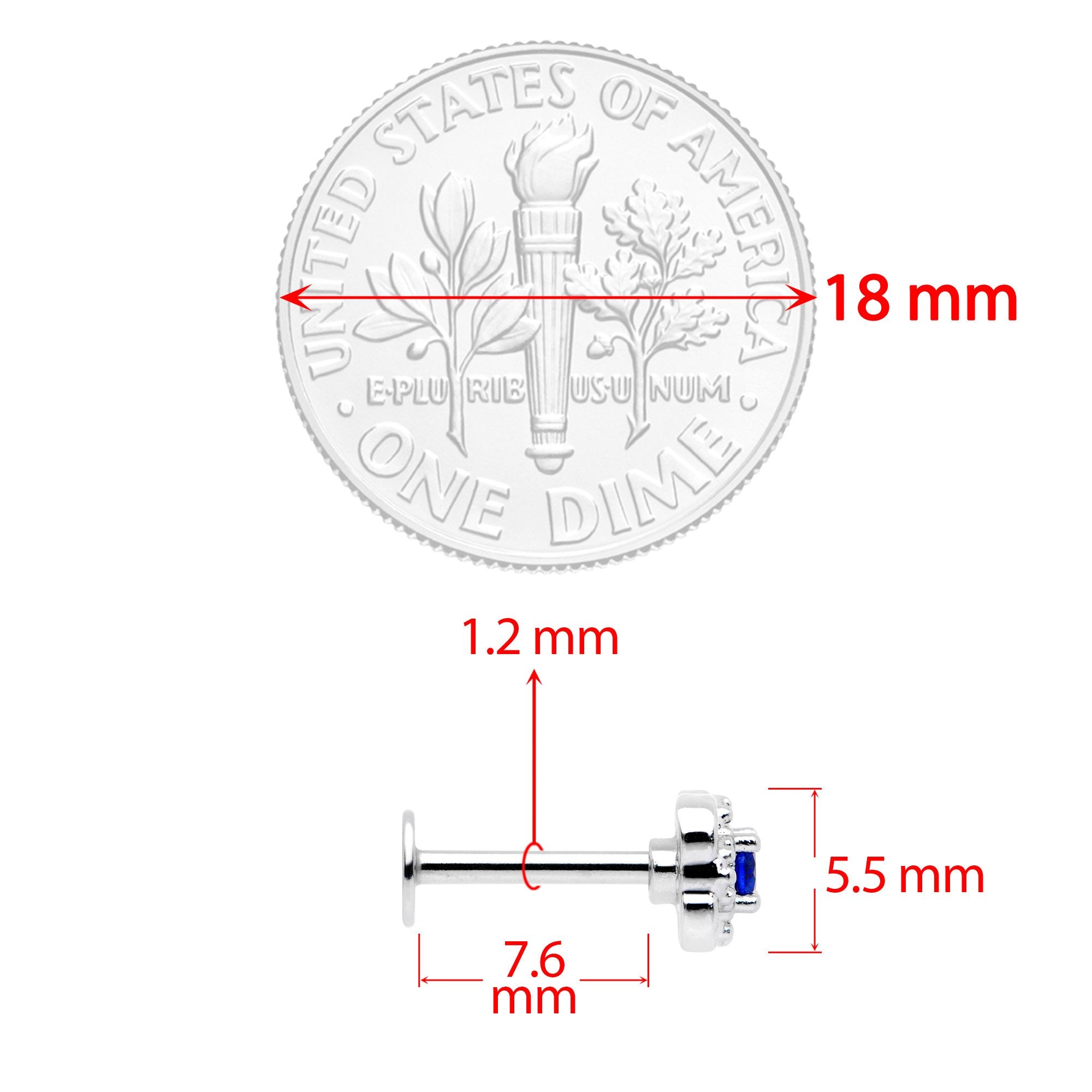 16G 5/16 Blue CZ Gem Square Cross Labret Monroe Tragus