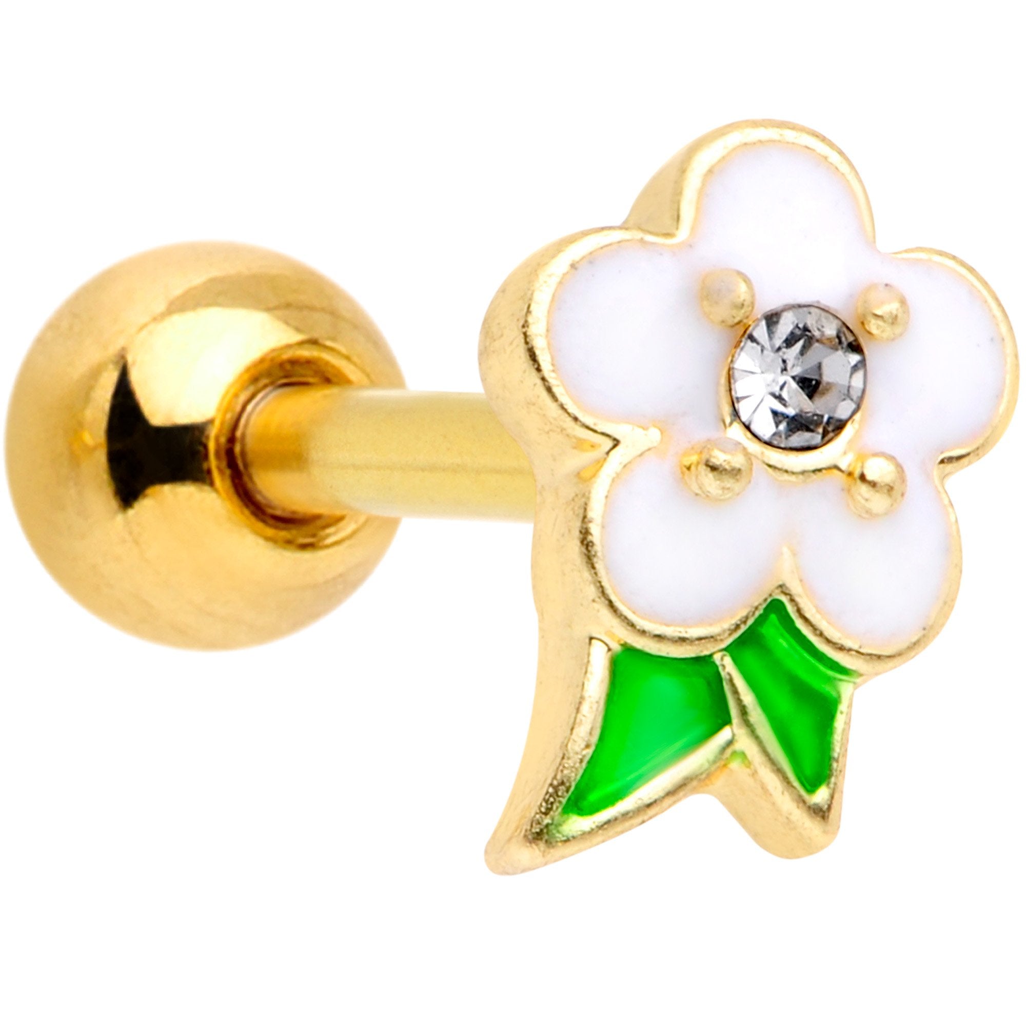 16G 1/4 Clear Gem Gold Tone White Flower Cartilage Earring
