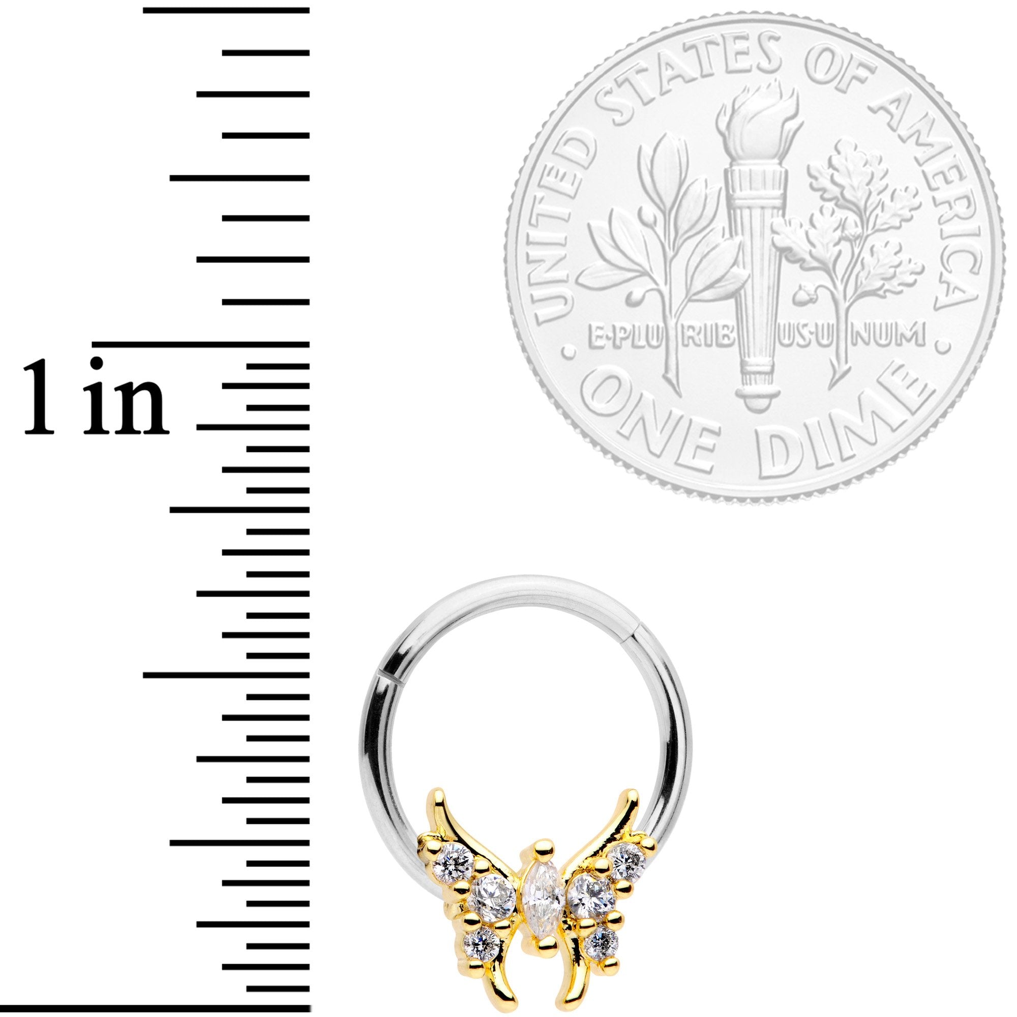 16G 3/8 Clear CZ Gold Tone Butterfly Hinged Segment Ring