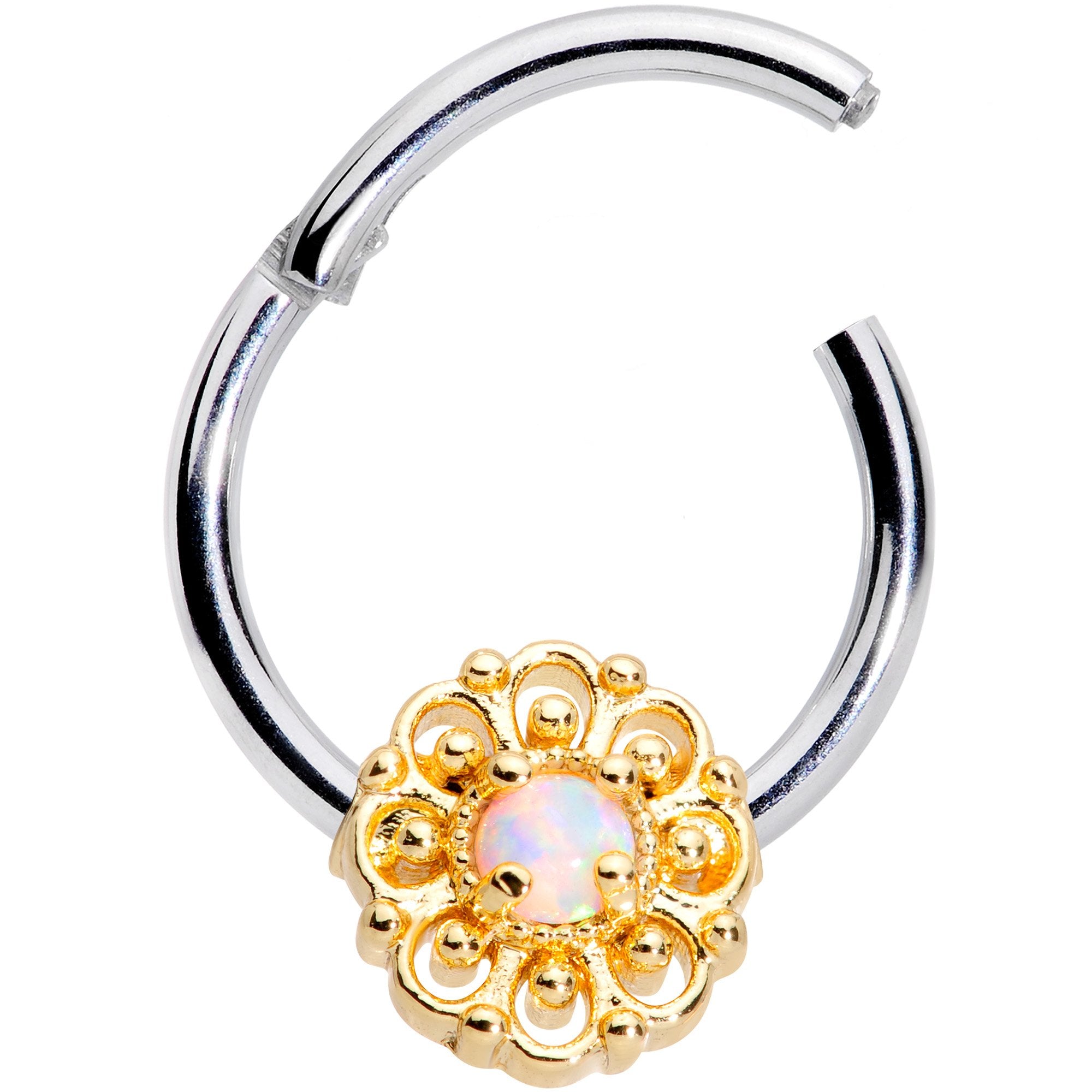 16G 3/8 White Faux Opal Lacy Flower Hinged Segment Ring