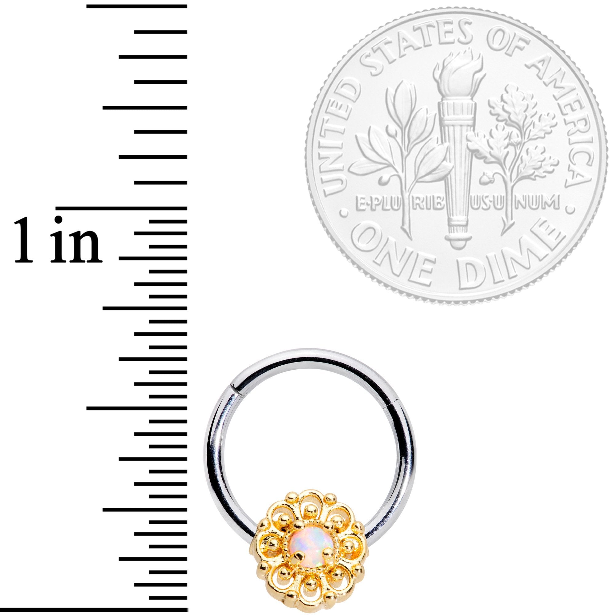 16G 3/8 White Faux Opal Lacy Flower Hinged Segment Ring