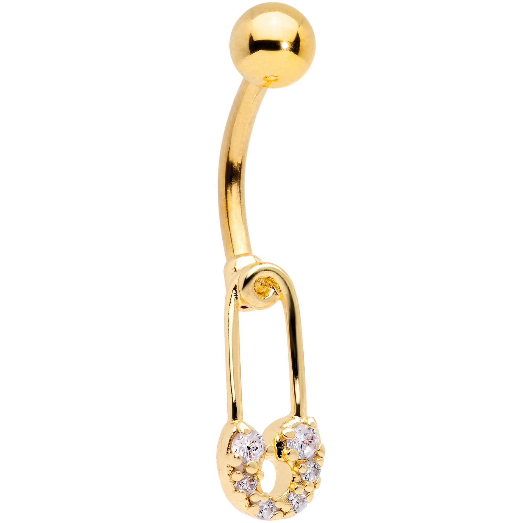 Clear CZ Gem Gold Tone Not Quite Punk Rock Safety Pin Belly Ring
