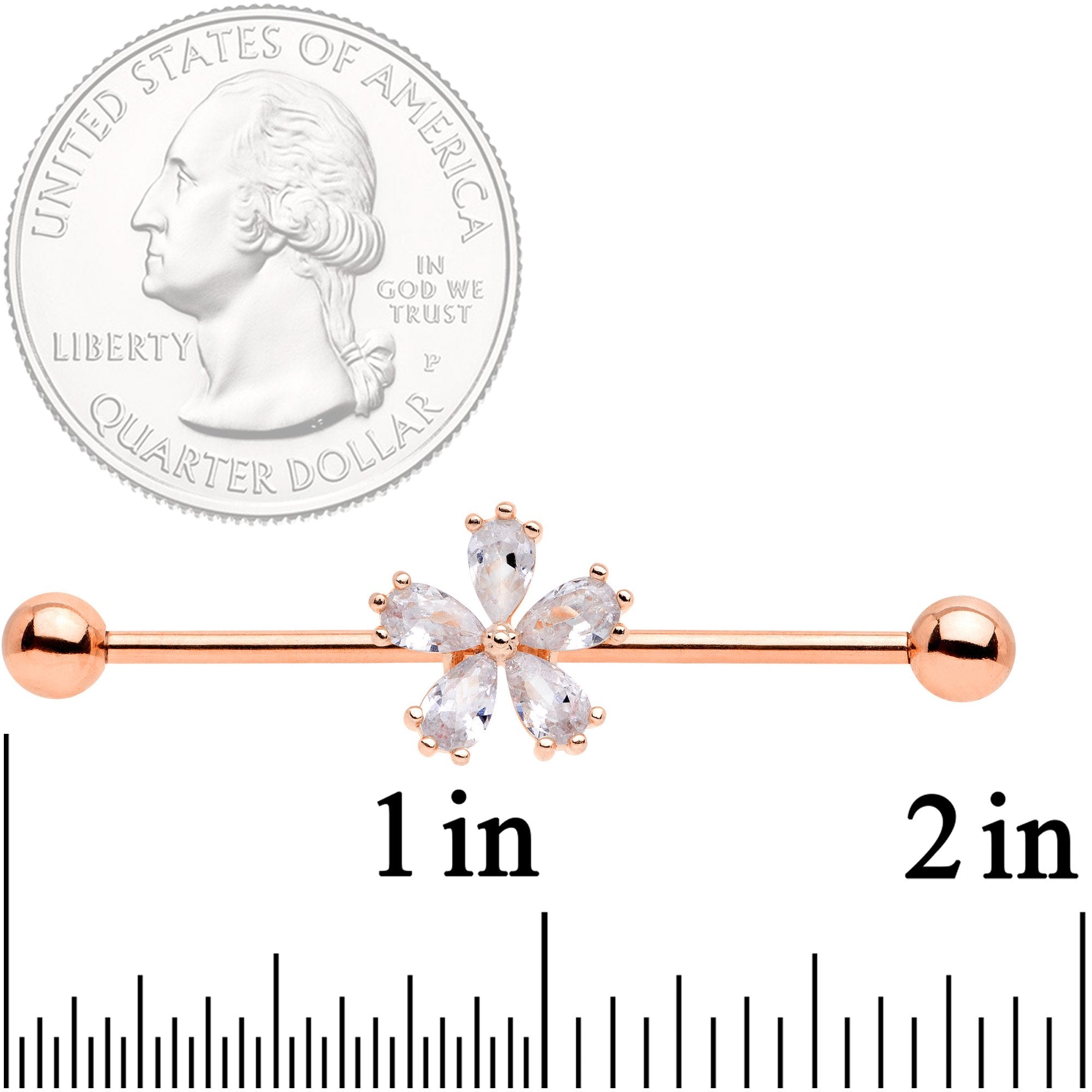 14G Clear CZ Gem Rose Gold Tone Petal Industrial Barbell 38mm