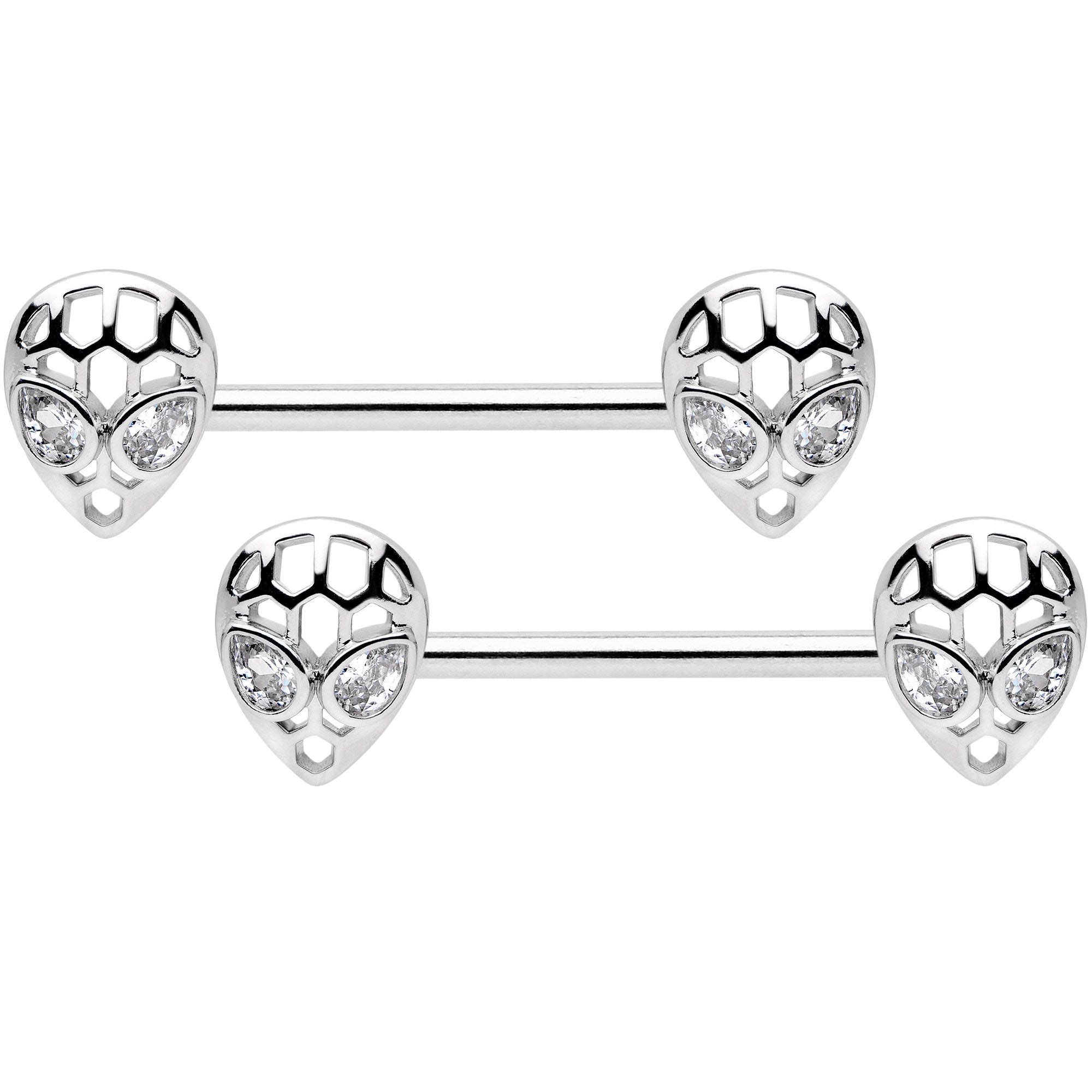 14G 9/16 Clear CZ Openwork Alien Barbell Nipple Ring Set