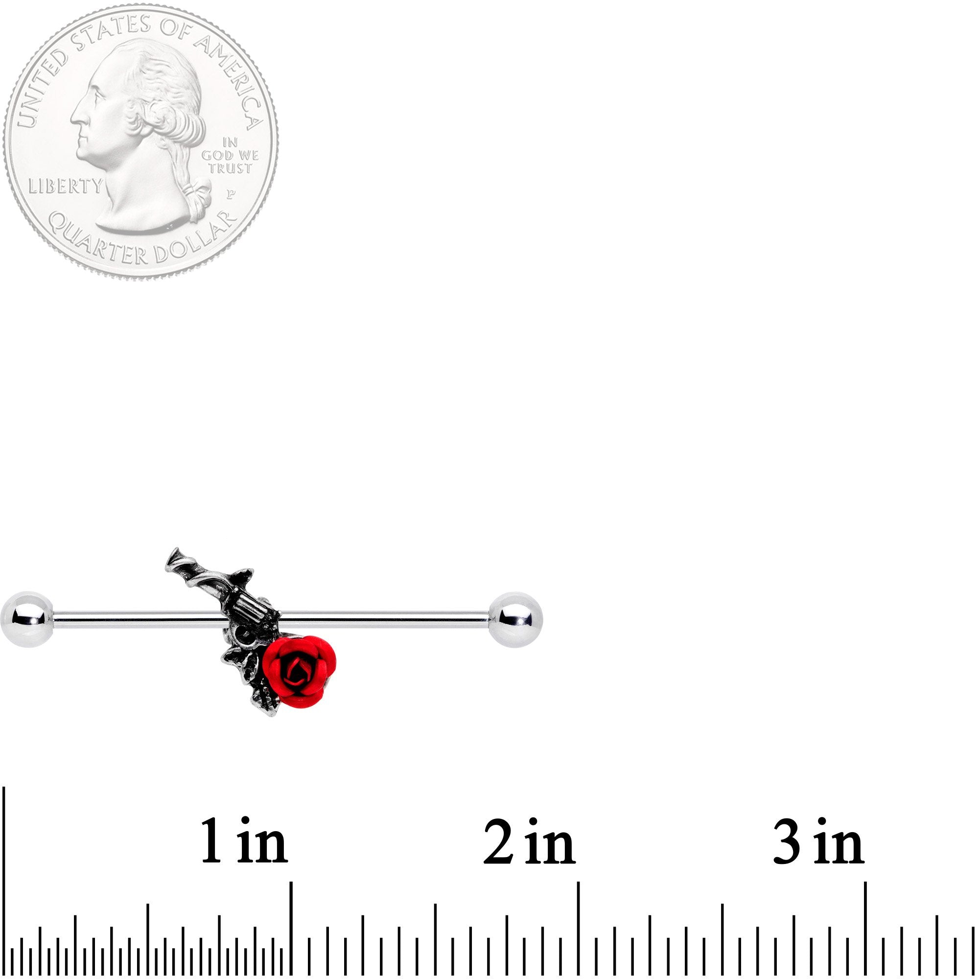 14 Gauge Red Rose Flower and Gun Industrial Barbell 38mm