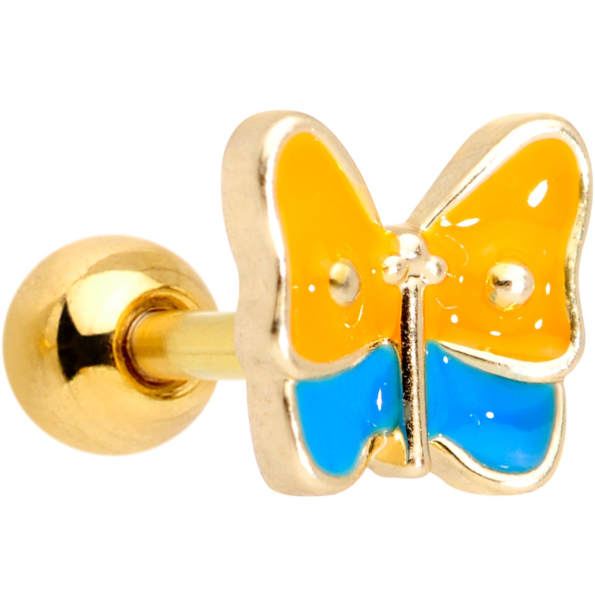 16 Gauge 1/4 Gold Tone Blue Orange Butterfly Cartilage Tragus Earring