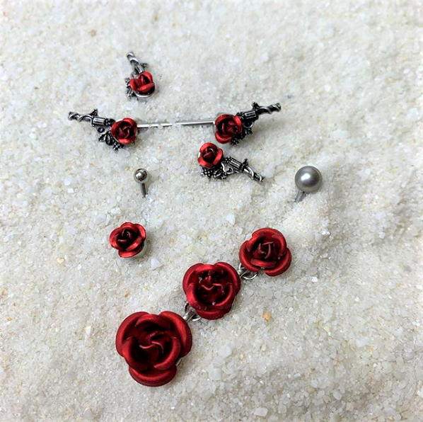 16G 3/8 Romantic Red Rose Flower Curved Eyebrow Ring