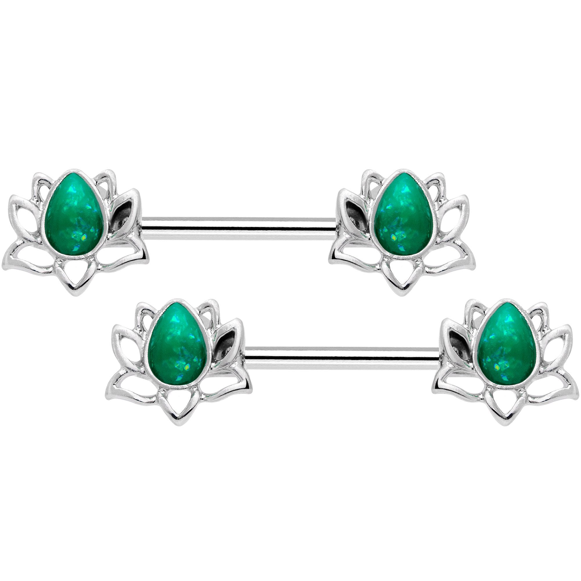 14 Gauge 9/16 Green Faux Opal Lotus Flower Barbell Nipple Ring Set