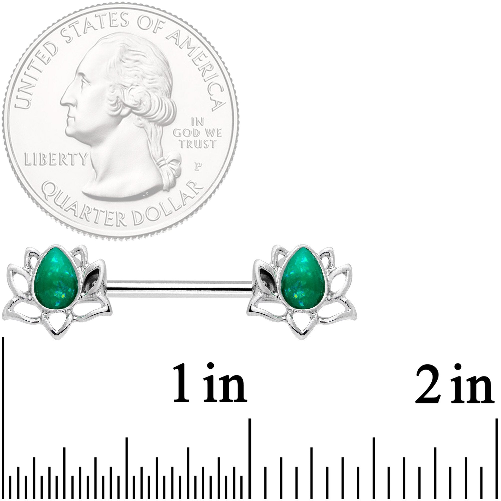 14 Gauge 9/16 Green Faux Opal Lotus Flower Barbell Nipple Ring Set