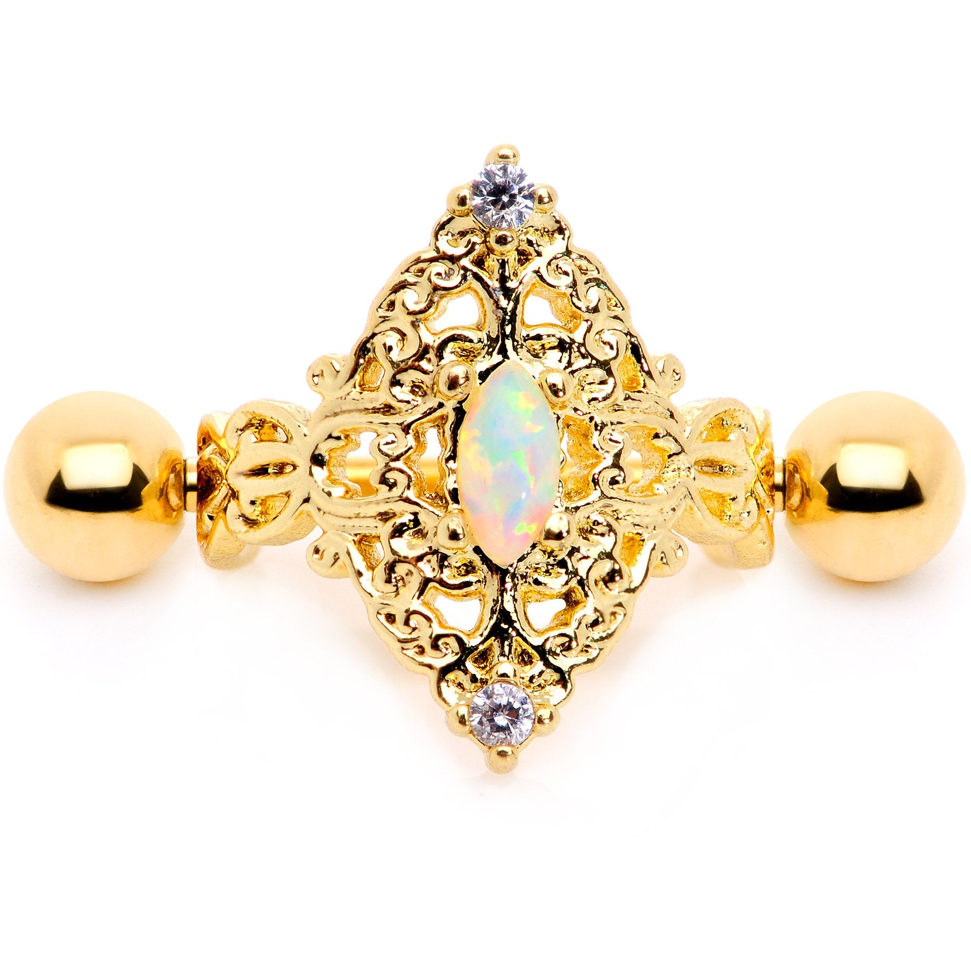 16G 1/2 White Synthetic Opal Gold Tone Art Deco Cartilage Cuff