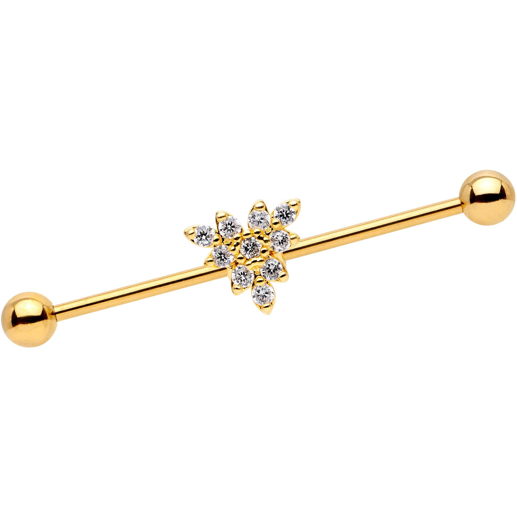 14 Gauge Clear CZ Gold Tone Triangle Industrial Barbell 38mm