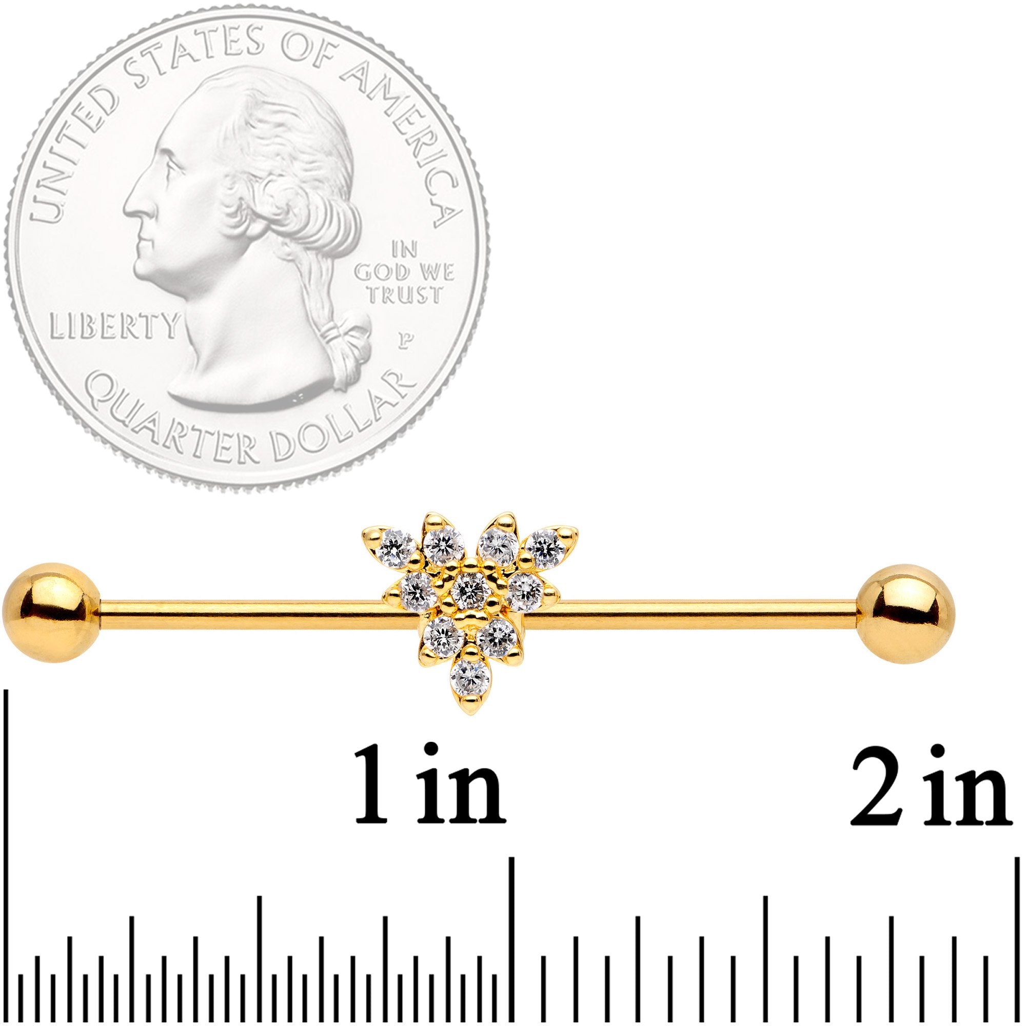 14 Gauge Clear CZ Gold Tone Triangle Industrial Barbell 38mm