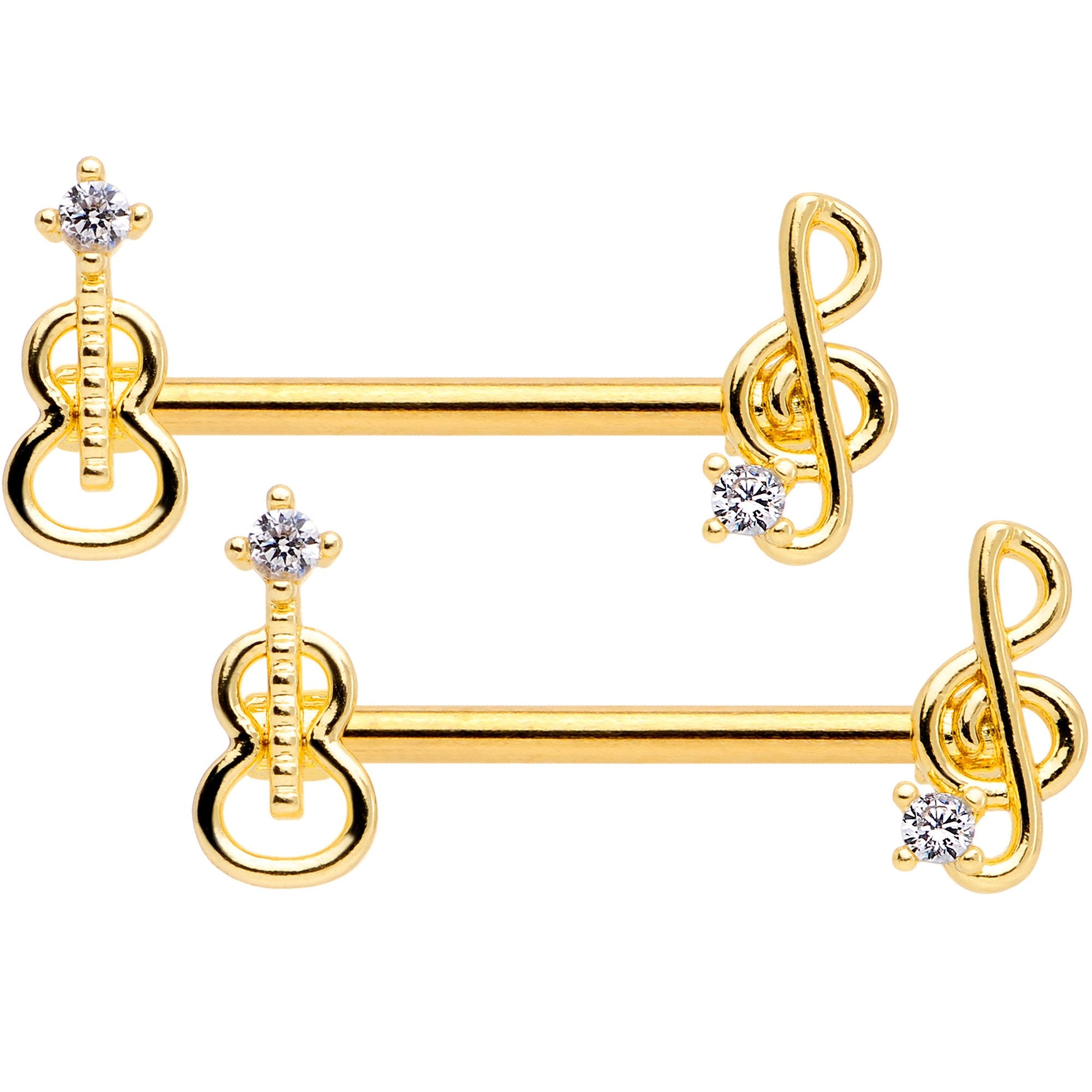 14 Gauge 9/16 Clear CZ Gold Tone Music Lover Barbell Nipple Ring Set