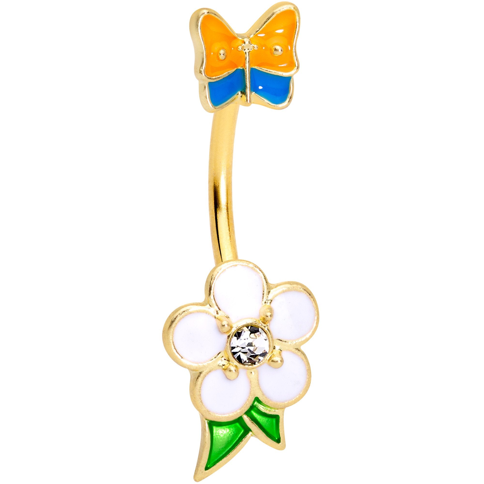 Clear Gem Gold Tone Spring Flower Butterfly Double Mount Belly Ring