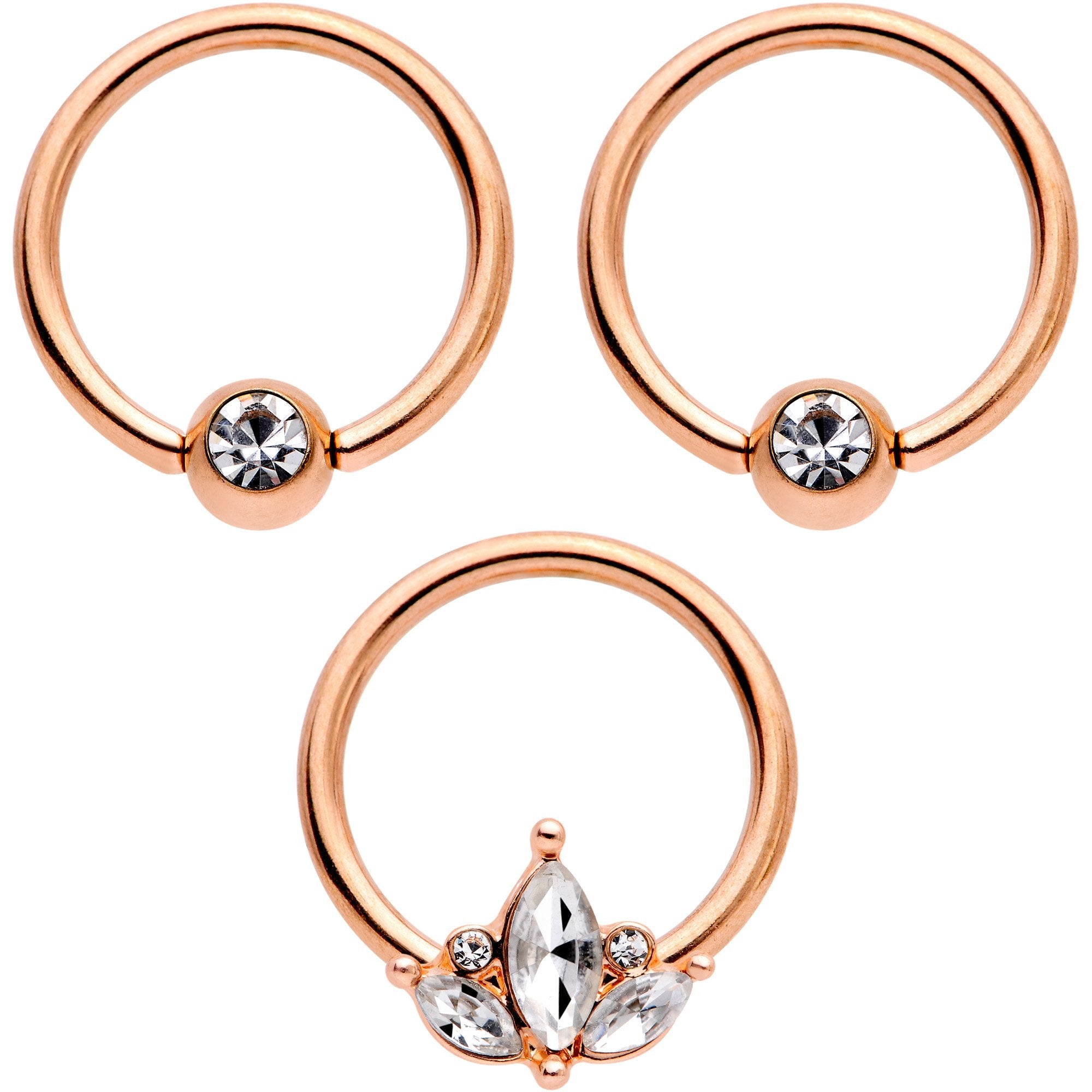 14G 0.51 inch Clear CZ Rose Gold Tone Crest BCR Captive Ring Set of 3