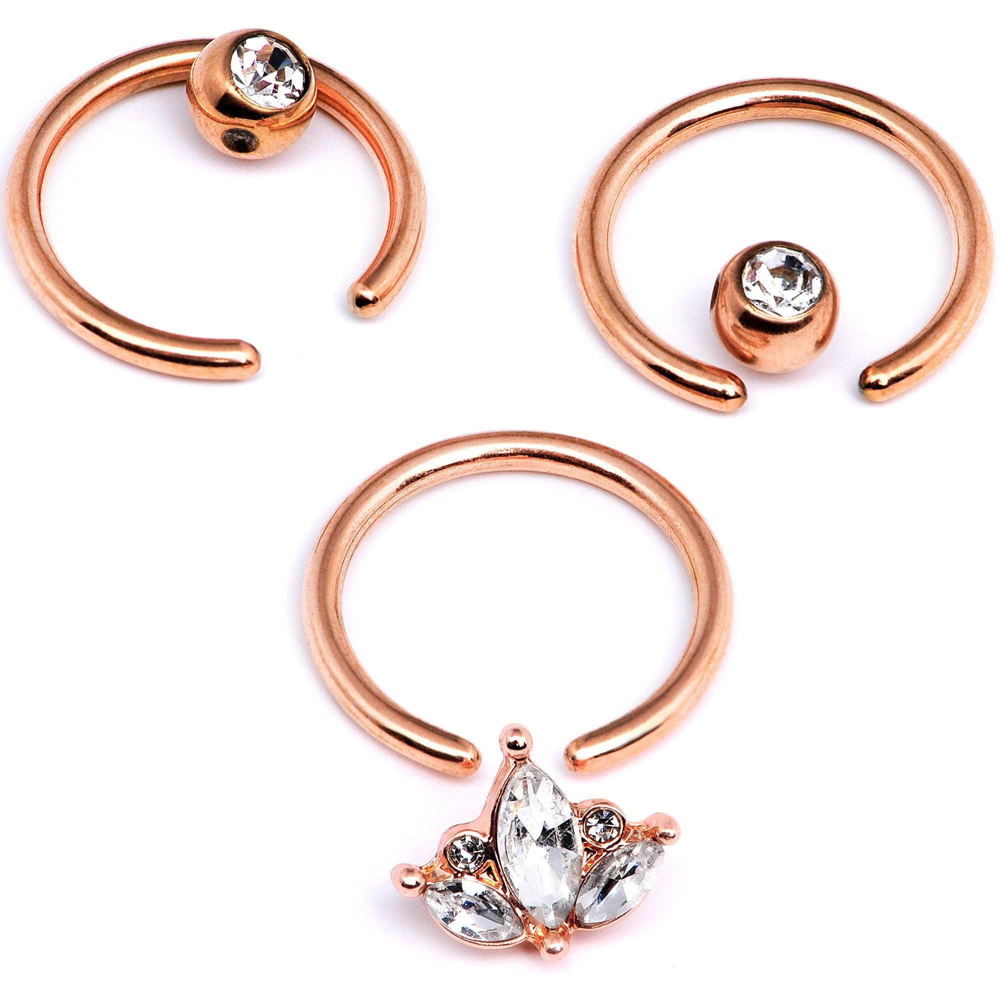 14G 0.51 inch Clear CZ Rose Gold Tone Crest BCR Captive Ring Set of 3