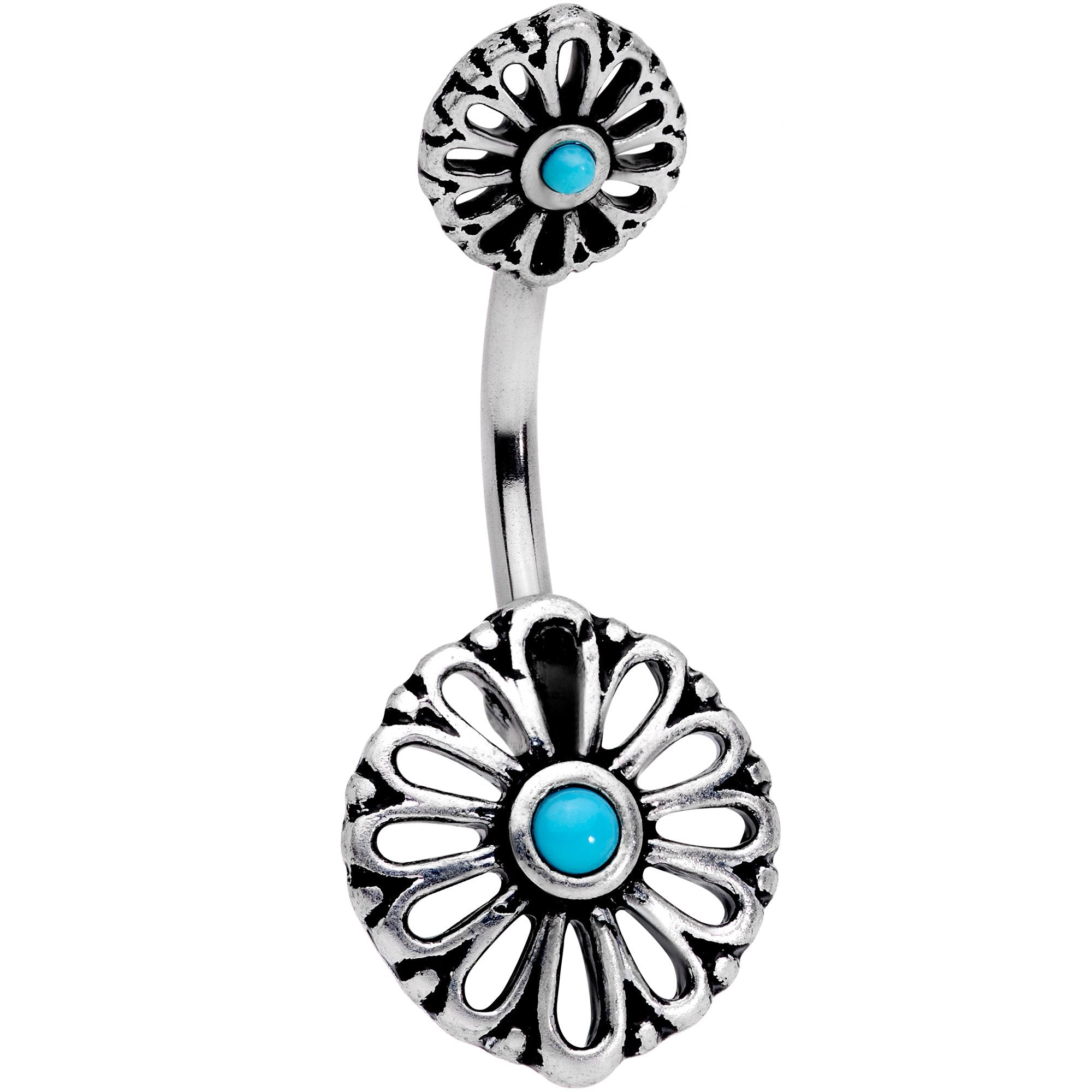 Faux Turquoise Openwork Flower Double Mount Belly Ring