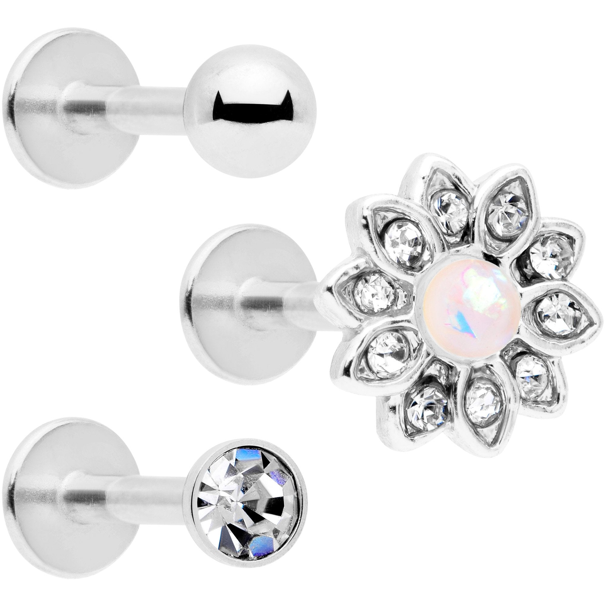 16G 5/16 White Faux Opal Flower Labret Set of 3