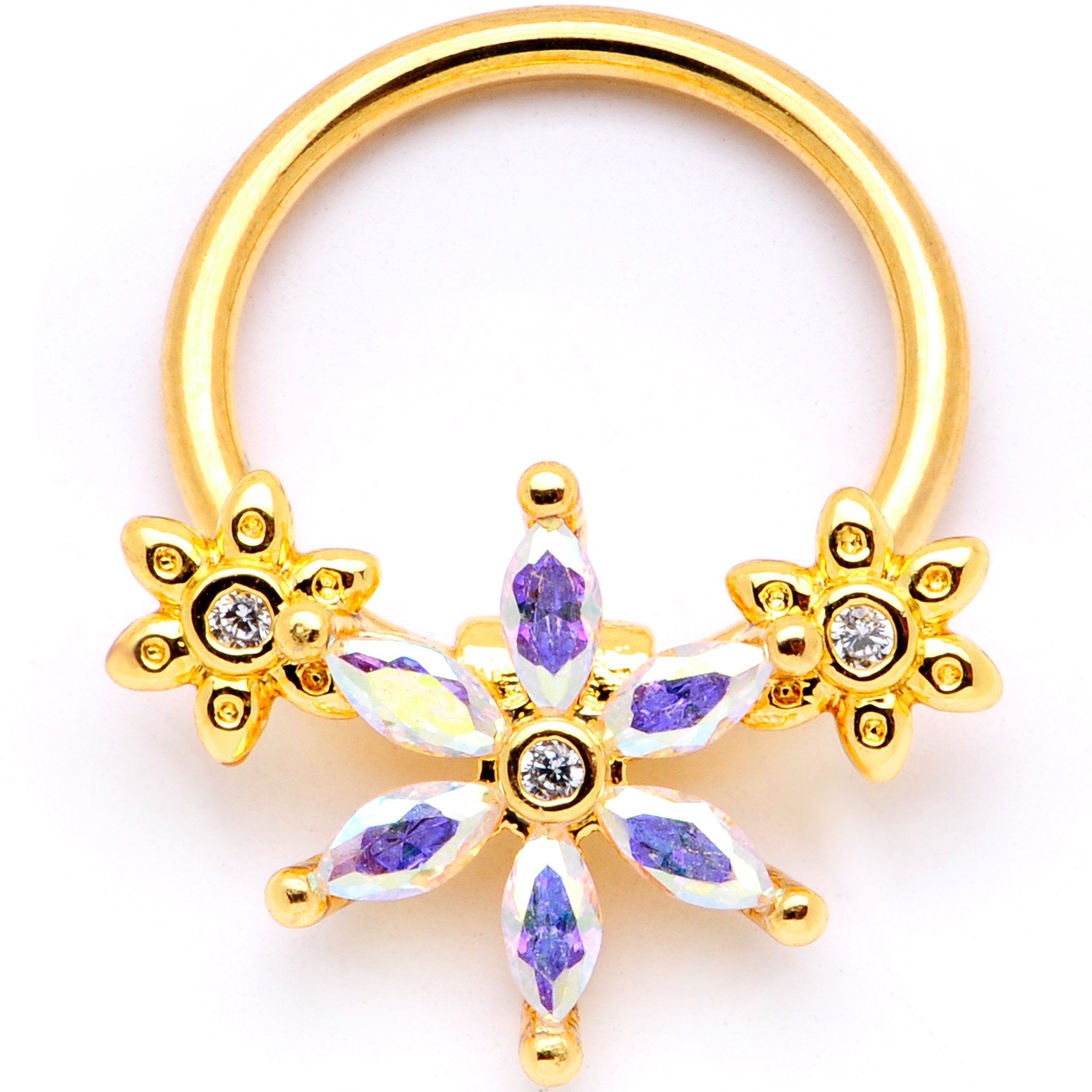 16G 3/8 Aurora CZ Gem Gold Tone Flower BCR Captive Ring