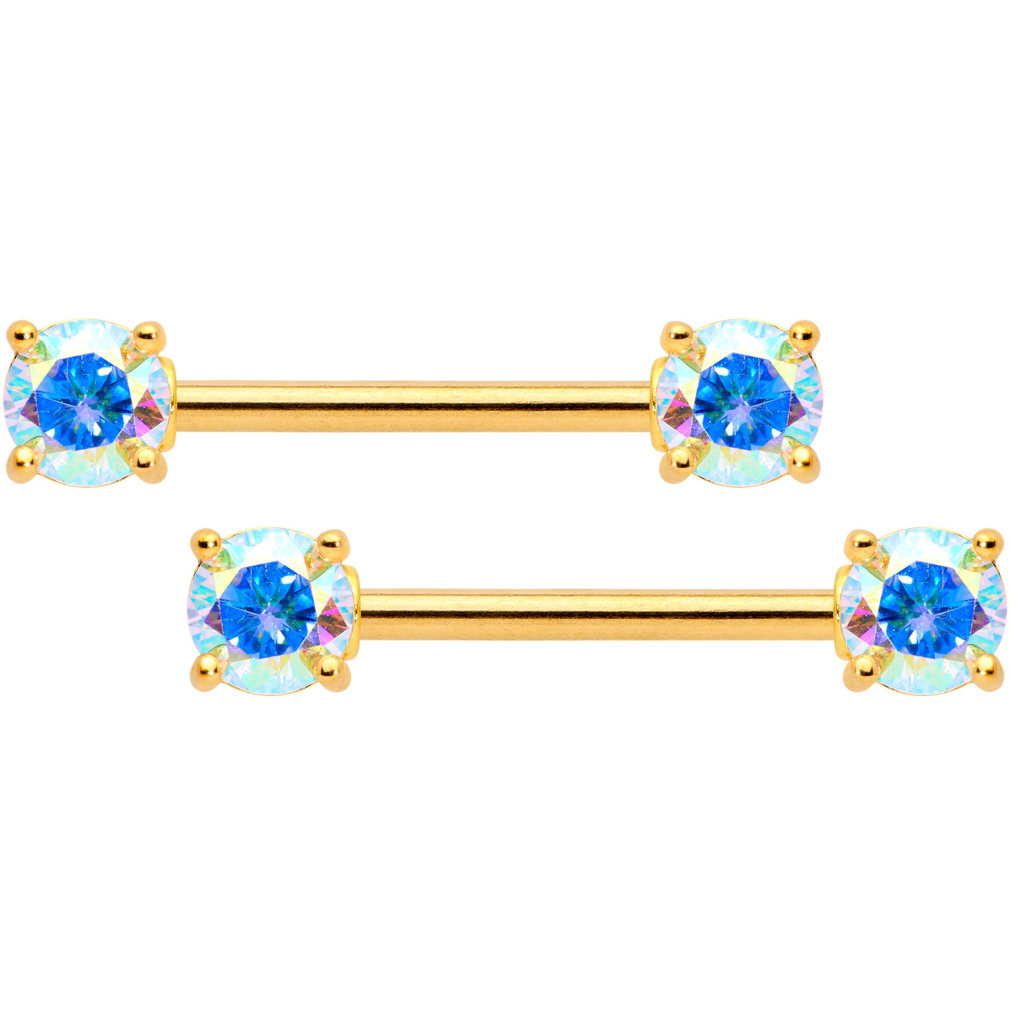 14G 9/16 Aurora CZ Gem Gold Tone Barbell Nipple Ring Set