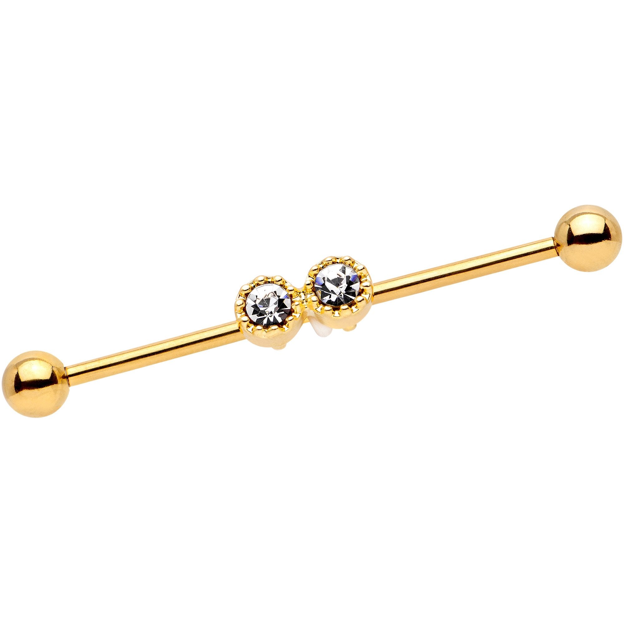 14G Clear Gem Gold Tone Double Drama Industrial Barbell 38mm