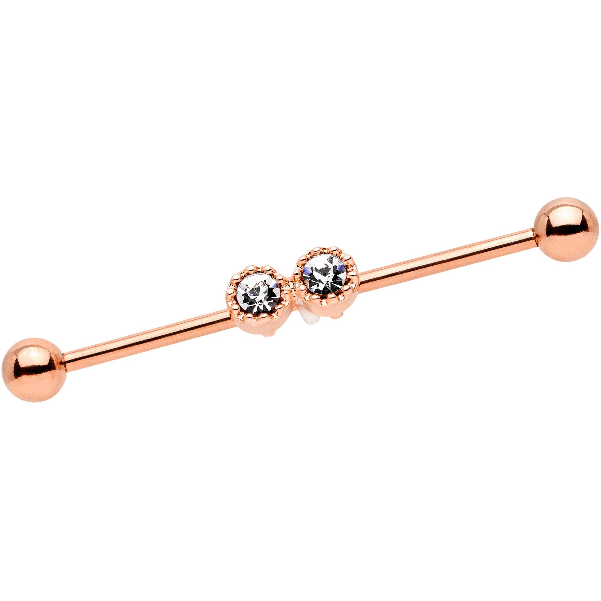 14G Clear Gem Rose Gold Tone Double Drama Industrial Barbell 38mm