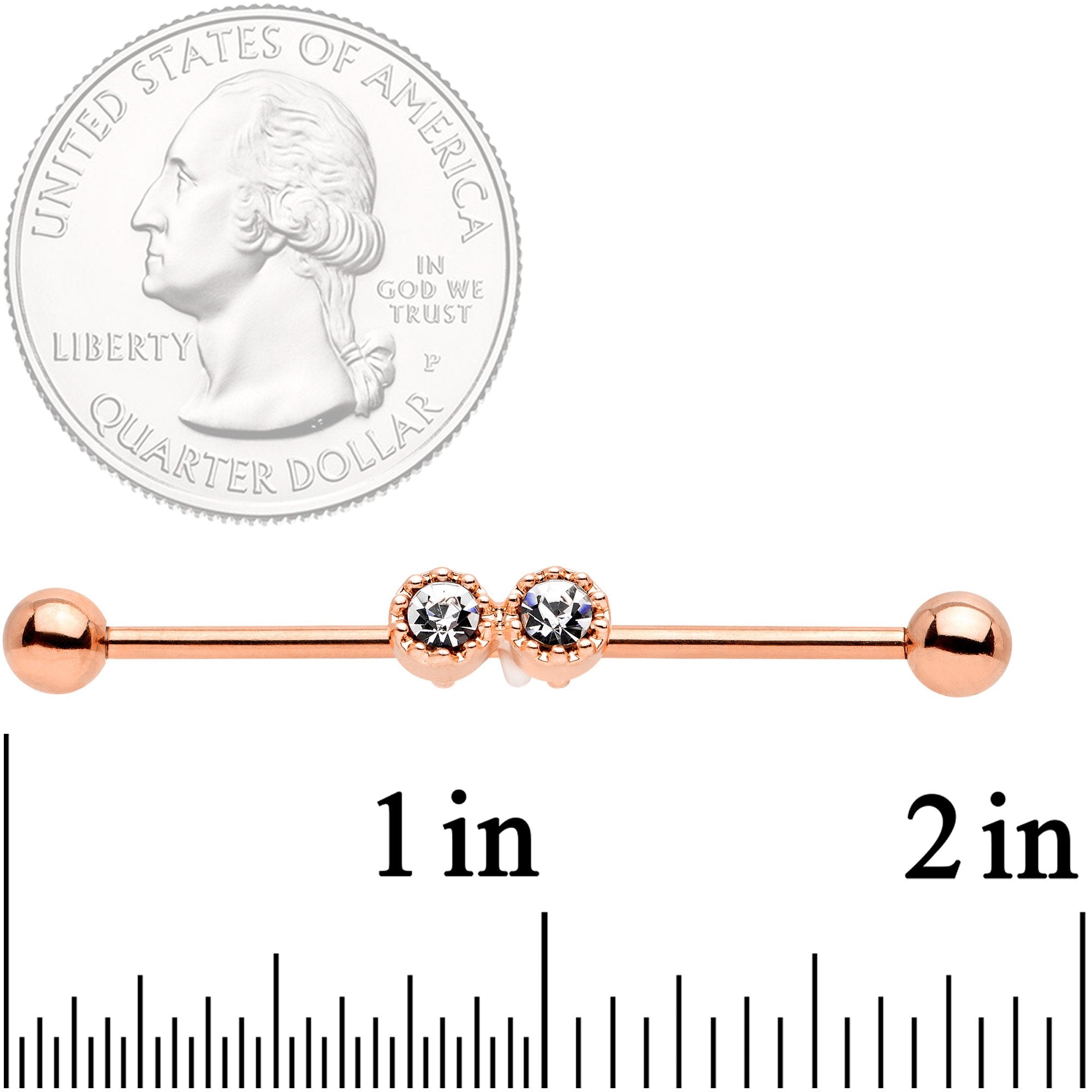 14G Clear Gem Rose Gold Tone Double Drama Industrial Barbell 38mm