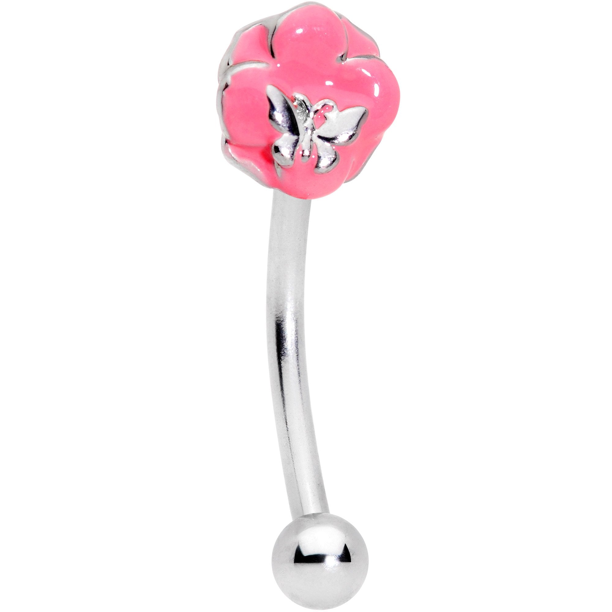 16G 3/8 Pink Flower Resting Butterfly Curved Eyebrow Ring