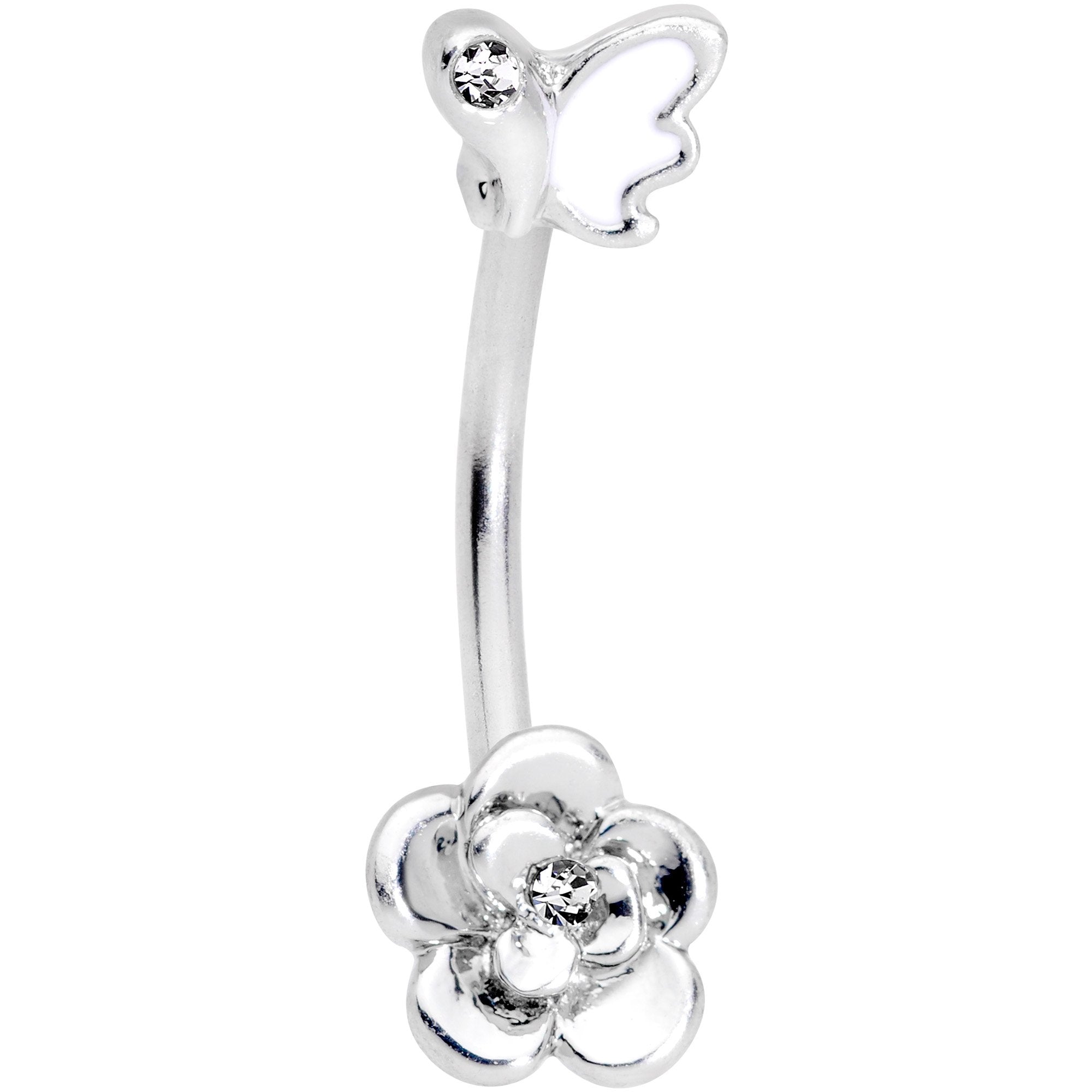 16G 3/8 Clear Gem White Butterfly Flower Curved Eyebrow Ring