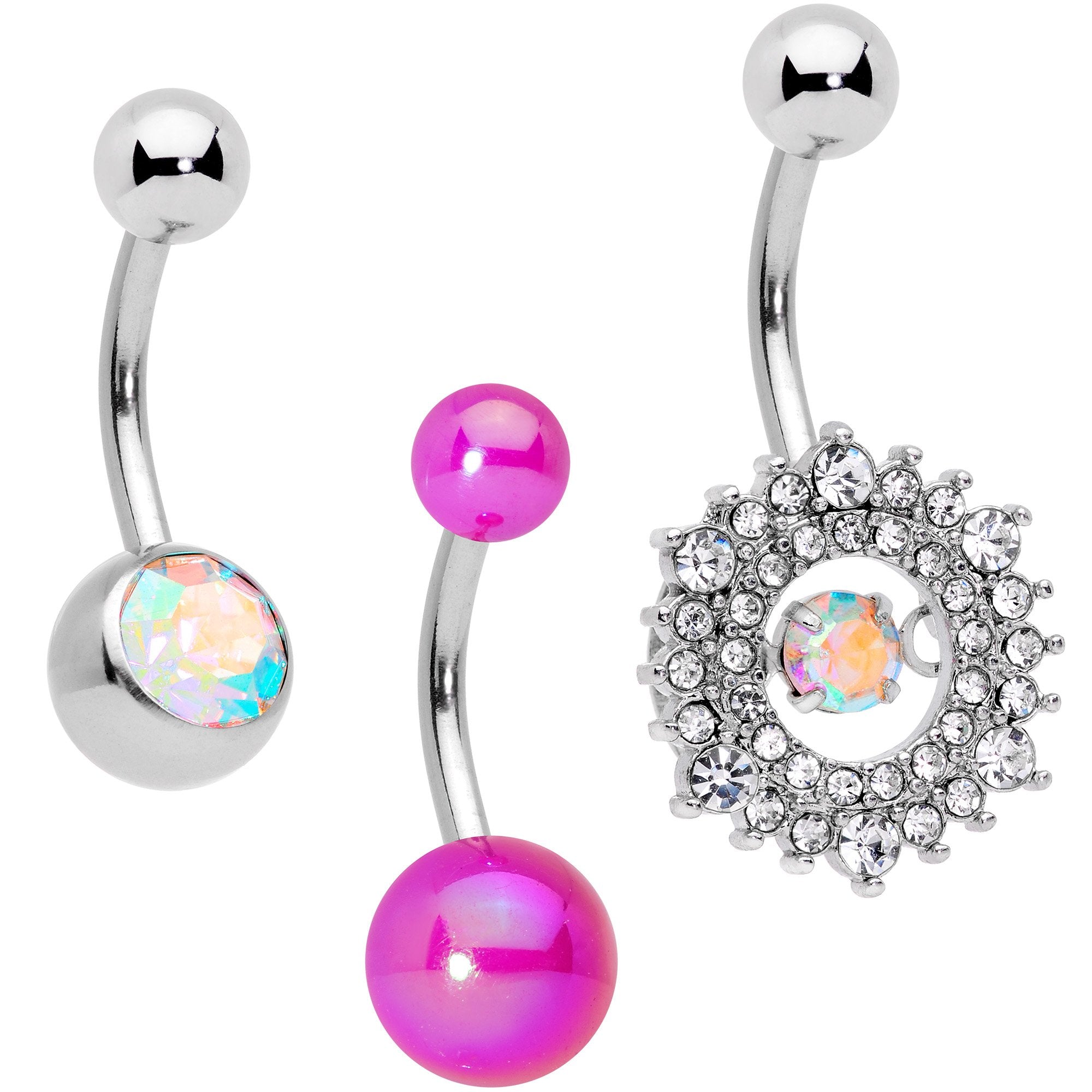 Clear Aurora Gem Pearlescent Purple Belly Ring Set of 3